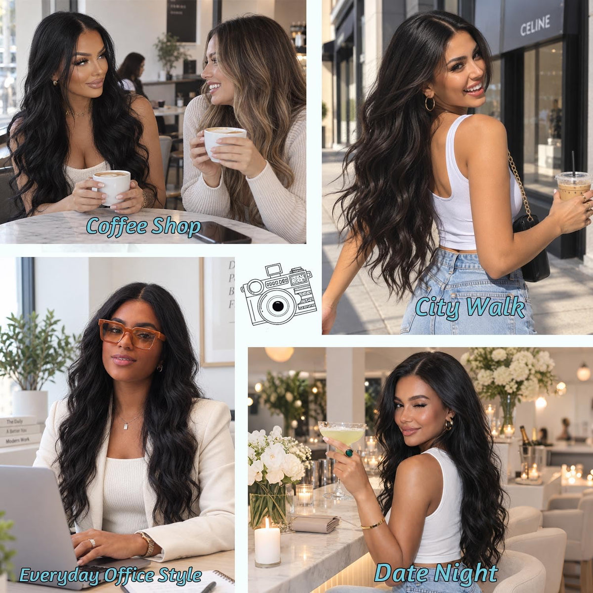 AISI HAIR - Peluca negra para mujer, peluca larga ondulada con raya...