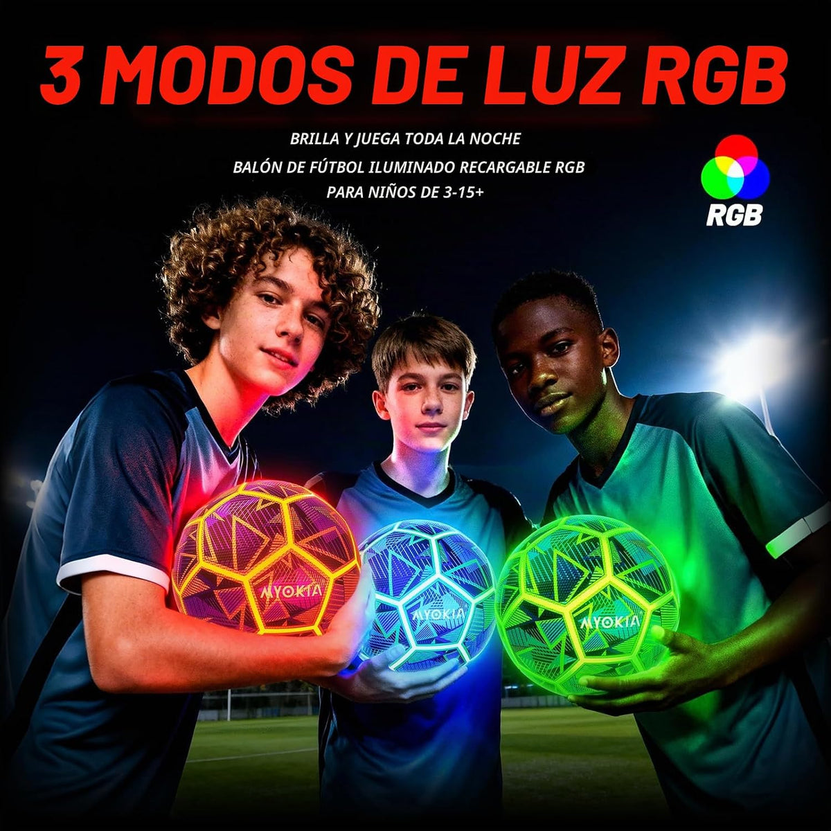 MYOKIA Balón de fútbol de tamaño 5 con luz RGB recargable que brill...