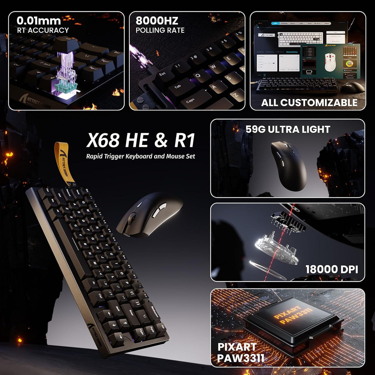 ATTACK SHARK X68 HE 60% Teclado con cable RT 8K y ratón inalámbrico...