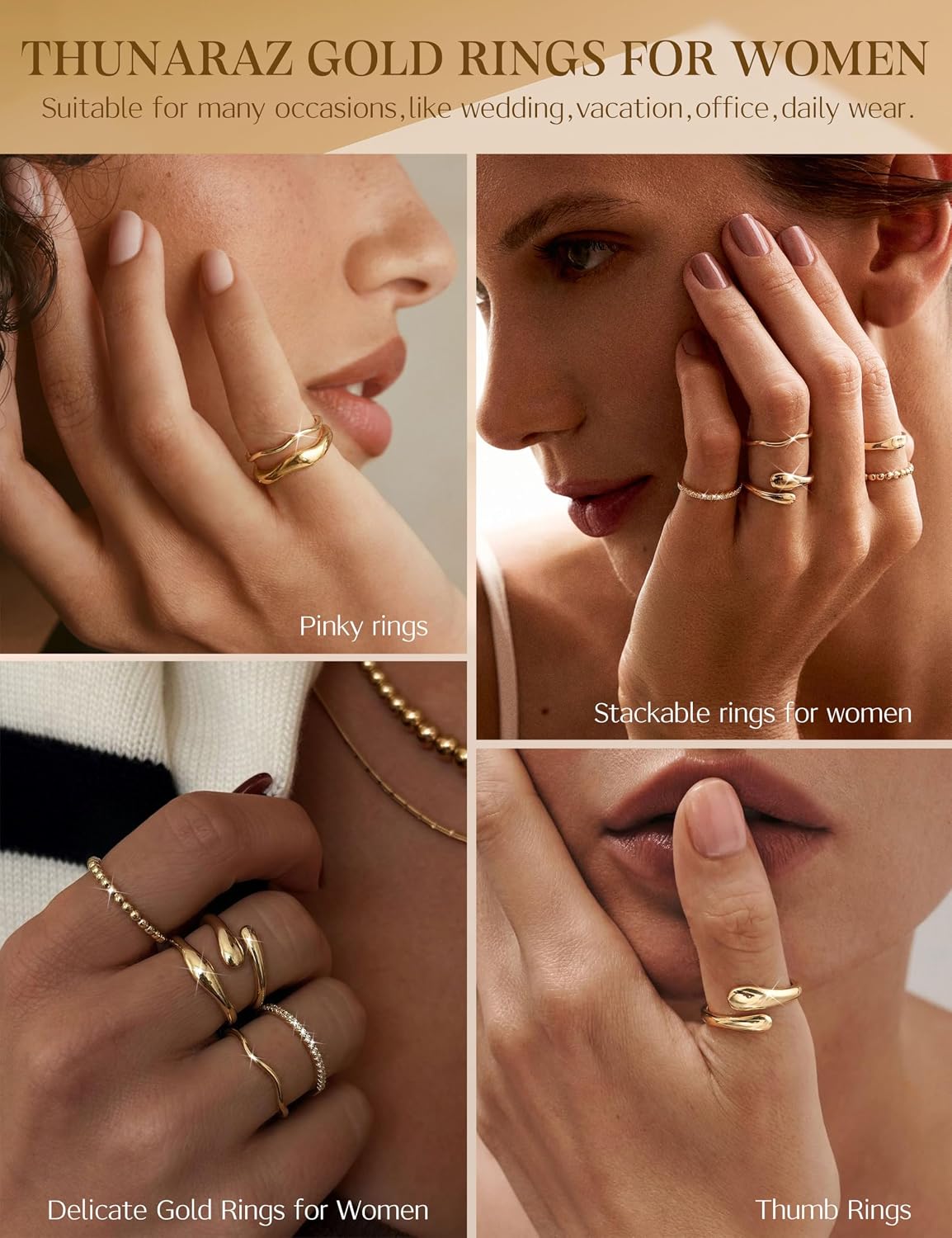 THUNARAZ Anillos chapados en oro de 14 quilates para mujer, no se d...