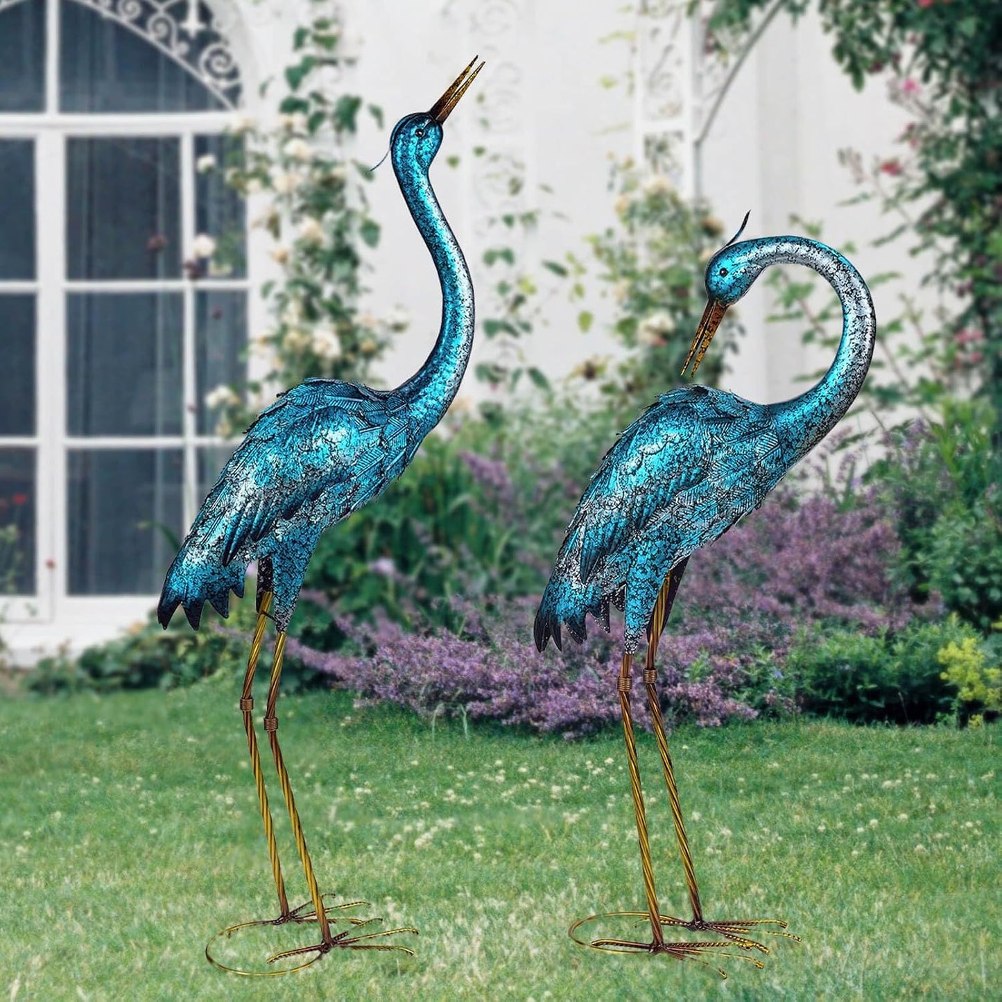 Kircust Blue Heron - Juego de 2 esculturas de jardín con grúa de me...