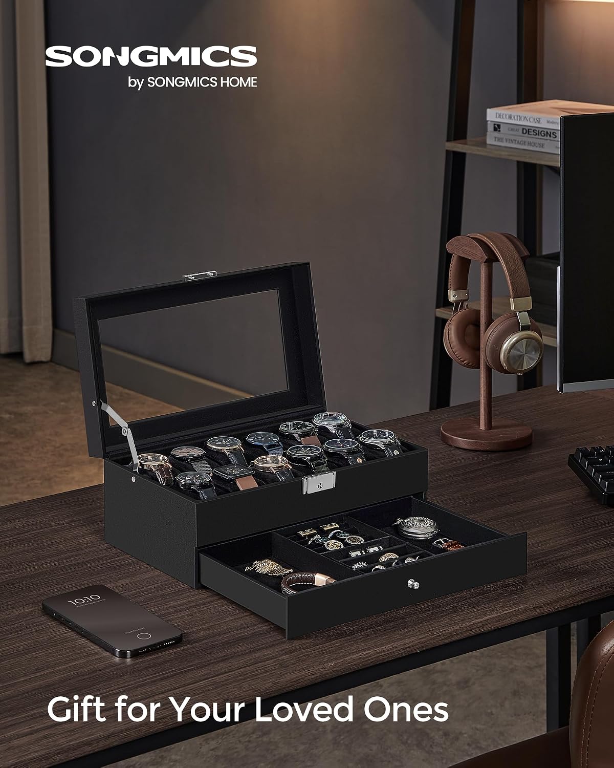 SONGMICS UJWB012B03 - Caja de reloj de 12 ranuras, caja de reloj co...