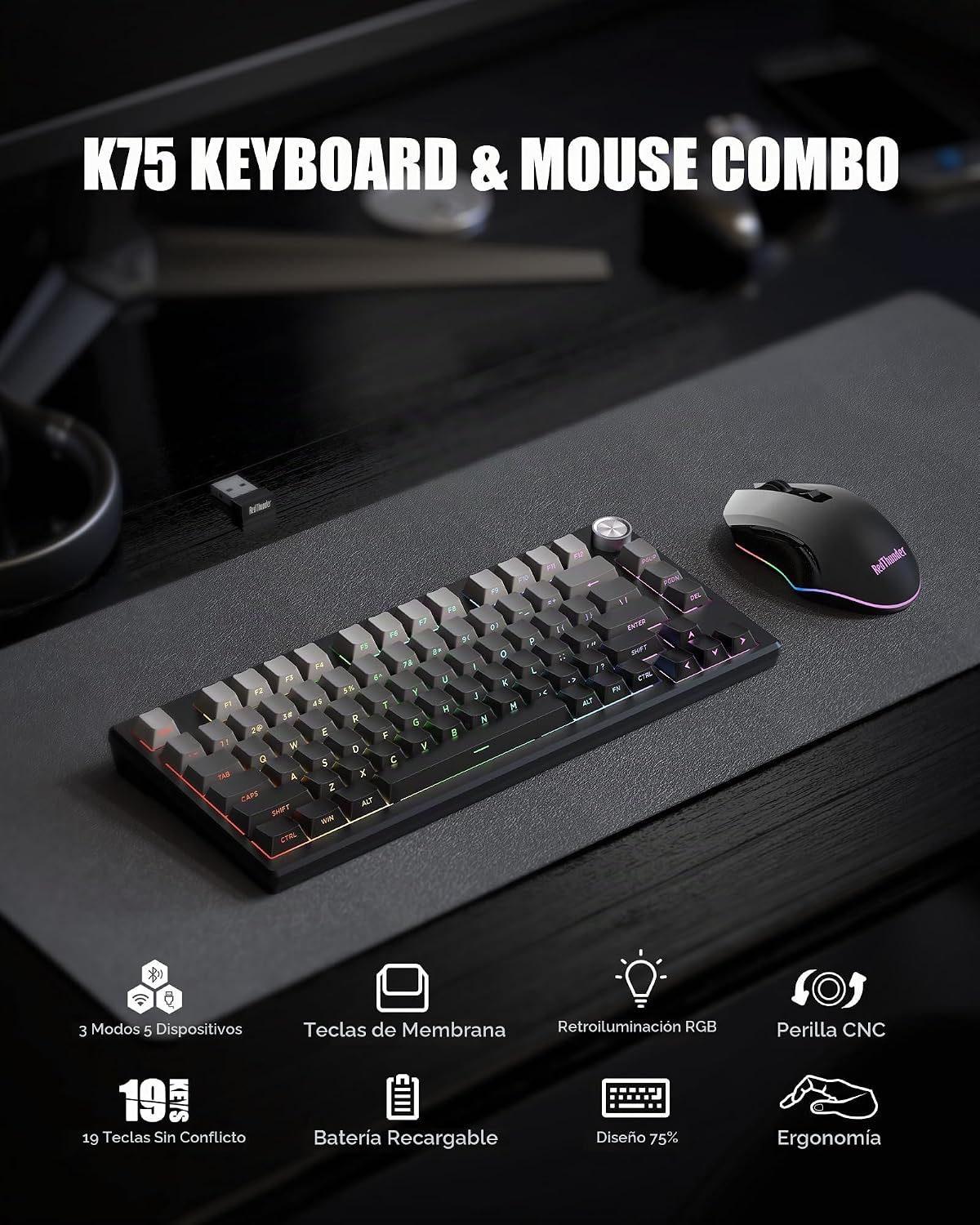RedThunder K75 Combo de teclado y mouse de membrana inalámbrica, te...