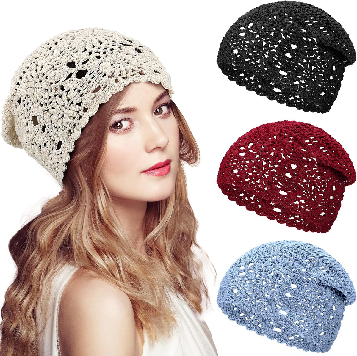 4 Piezas Gorros de Ganchillo Holgados 2025 Otoño Hechos a Mano Teji...