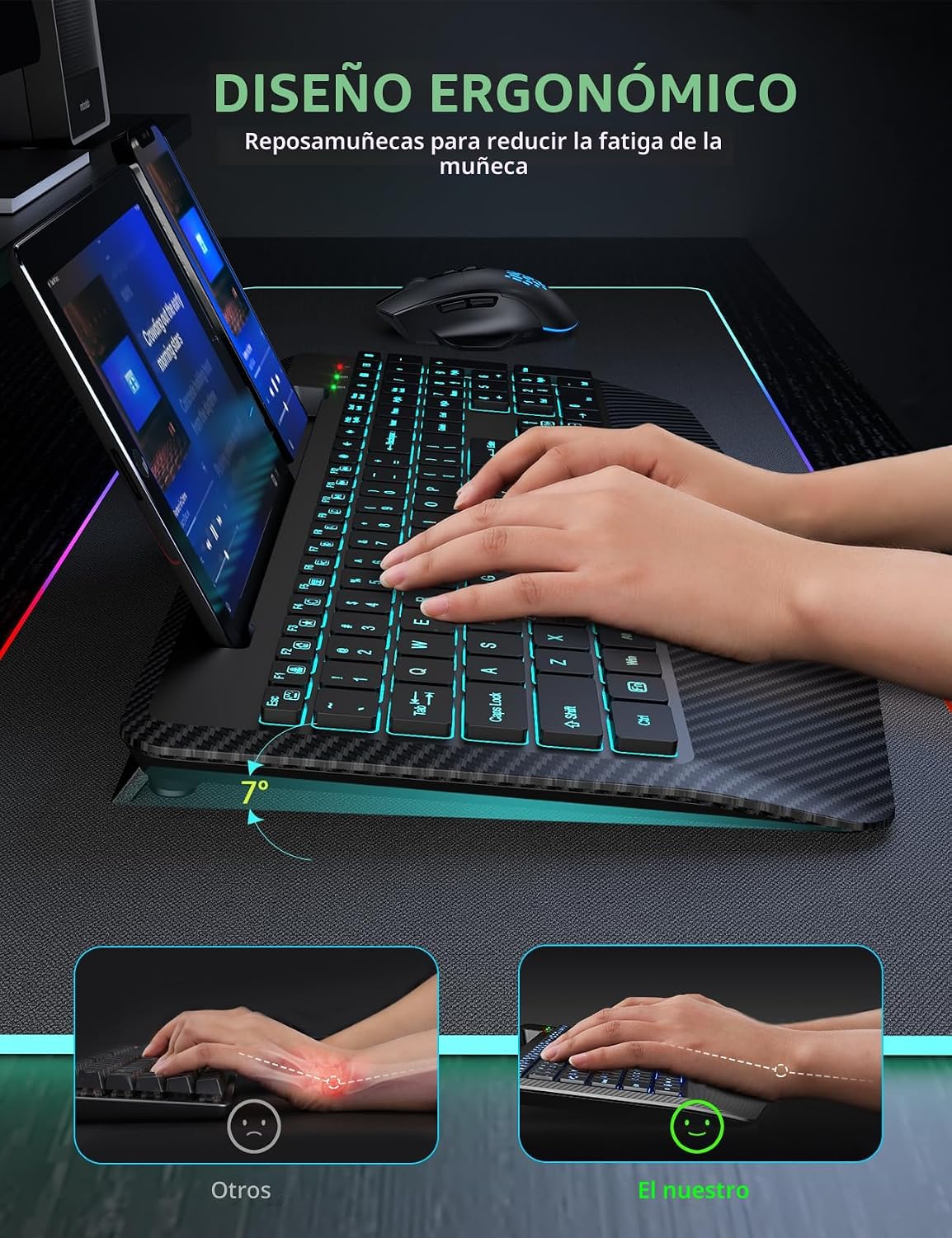 Teclado y Mouse Inalámbricos con Retroiluminación, Reposamuñecas, M...