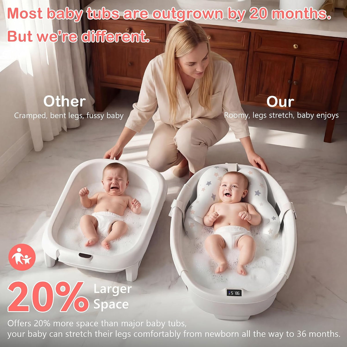 Bañera plegable para bebé, bañera grande con termómetro | Bañera es...