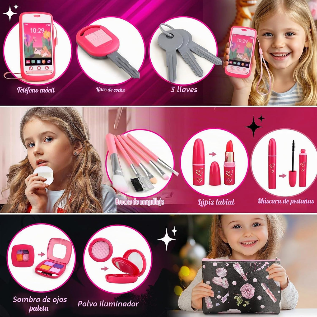 Woumserta Regalos para niñas, maquillaje básico de simulación para...