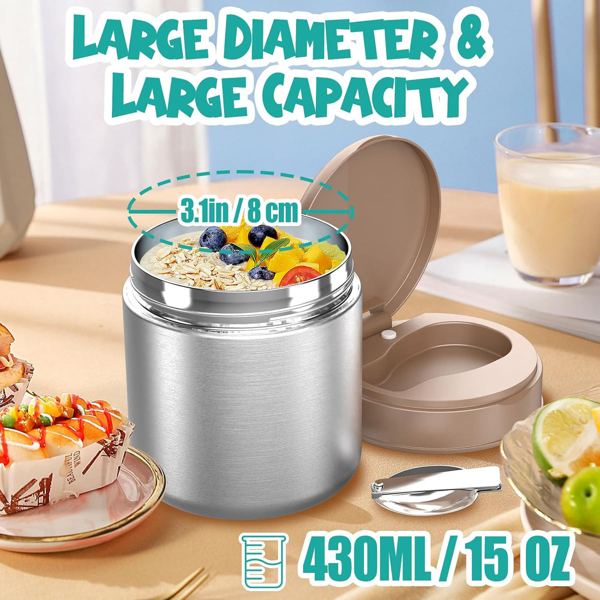 Termo para niños de comida caliente - 15.2oz con cuchara plegable y...