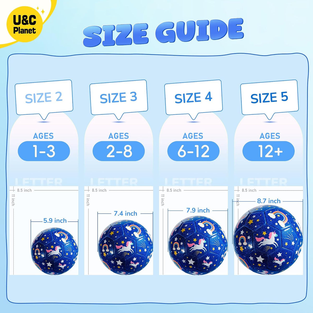 Balón de fútbol U&C Planet tamaño 2, 3, 4 para niños pequeños y jóv...