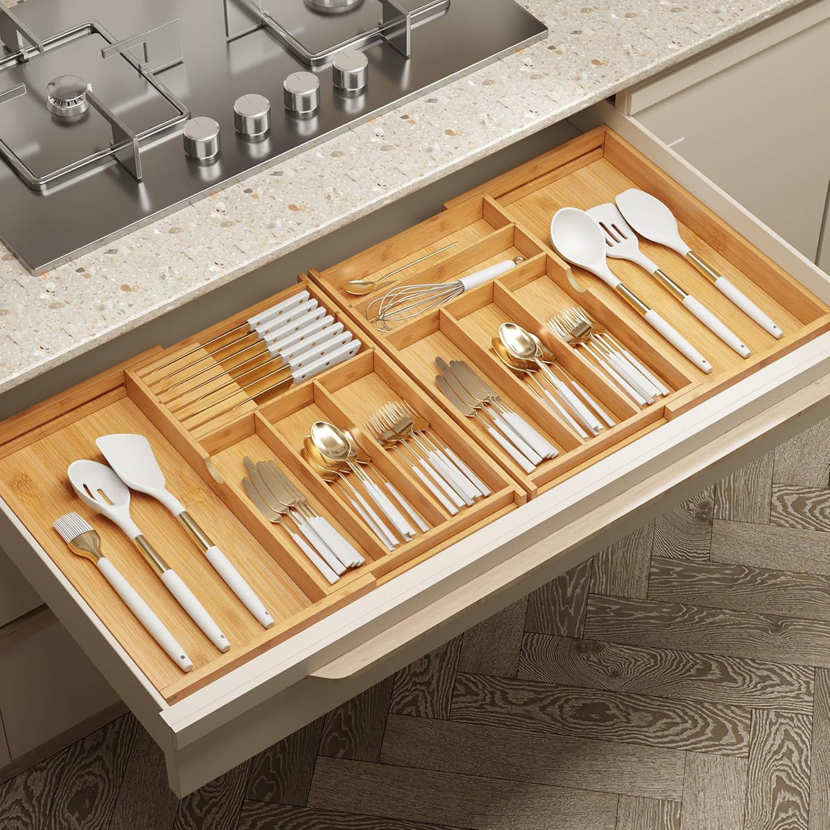 BAMEOS Organizador de cajones de cubiertos expandible con bloques d...