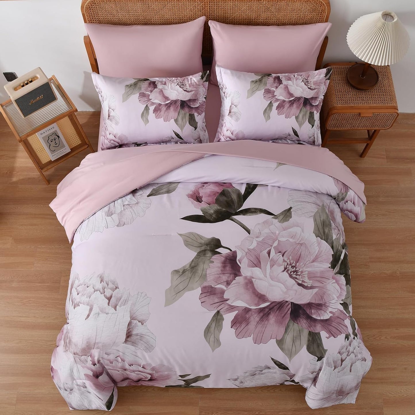 Dobuyly Juego de edredón rosa tamaño completo de 7 piezas cama en u...