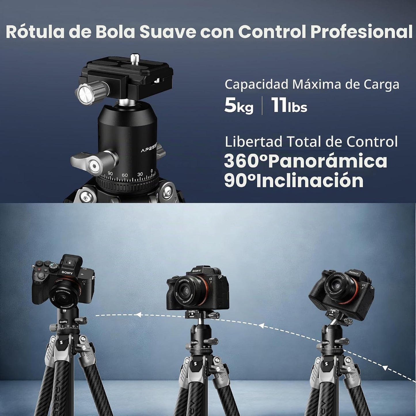 SmallRig Trípode de cámara de fibra de carbono de 160cm\/62.6'&...