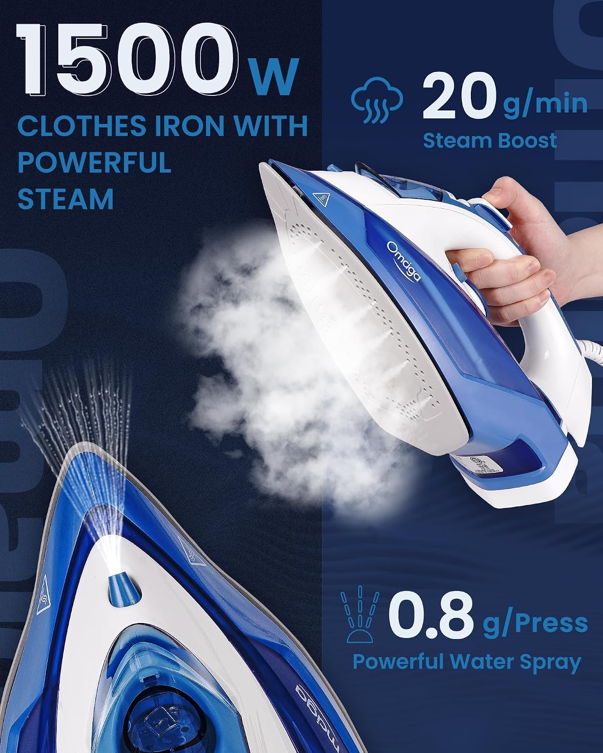 OMAIGA Plancha de vapor para ropa, 1500W, suela de cerámica antiadh...
