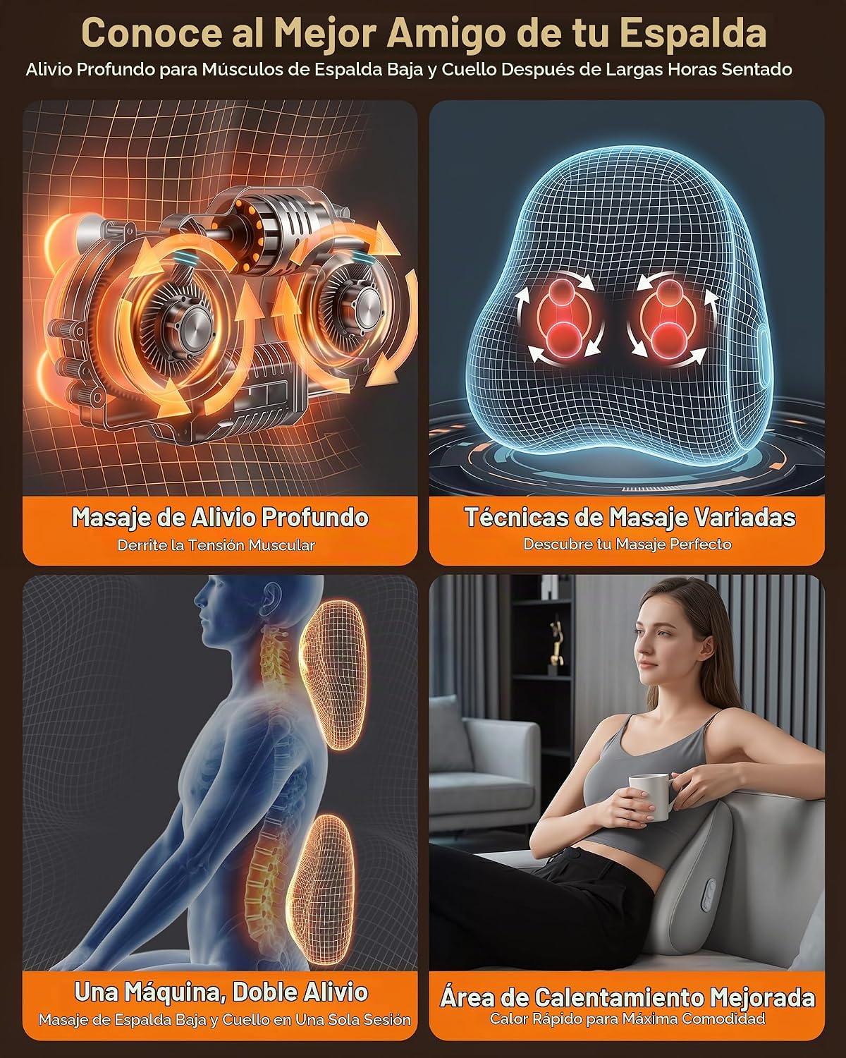 Masajeador de espalda eléctrico JZBRAIN, calor de amasado de tejido...