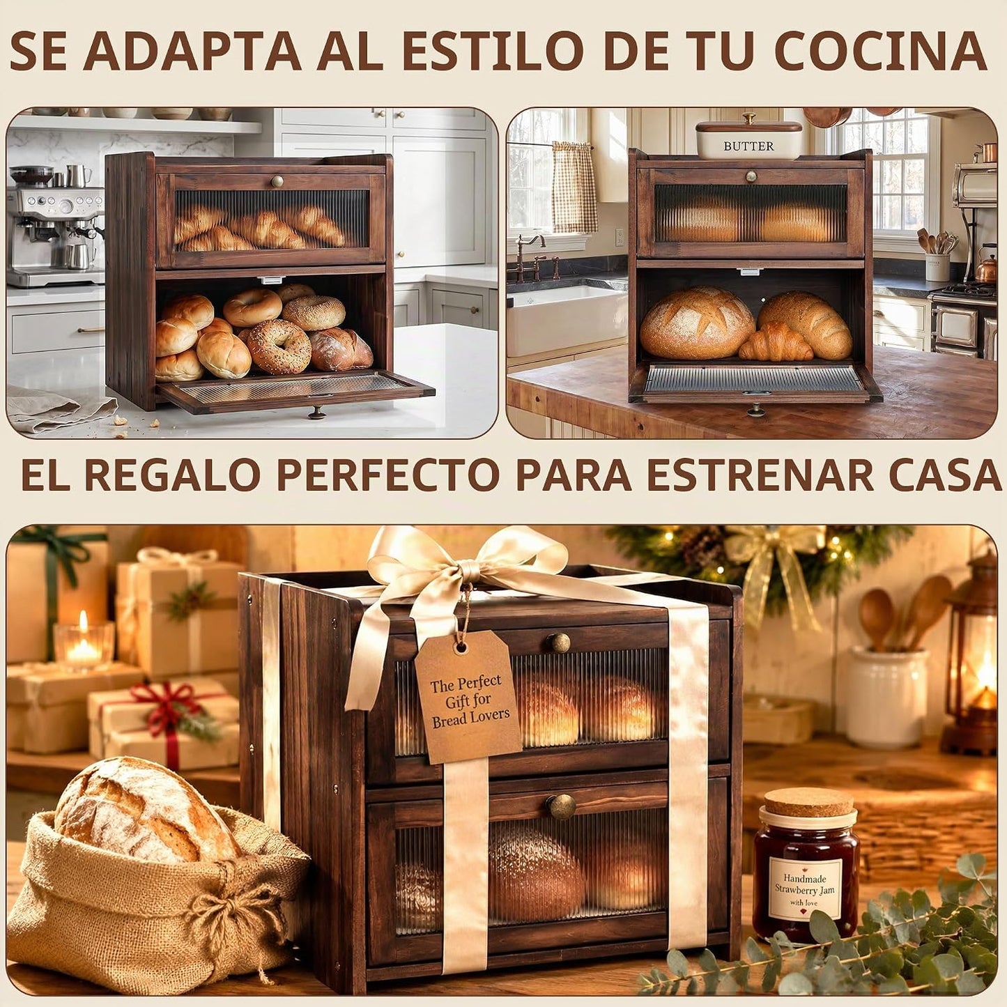 Luollabytel Panera para encimera de cocina, panera de madera de 2 c...