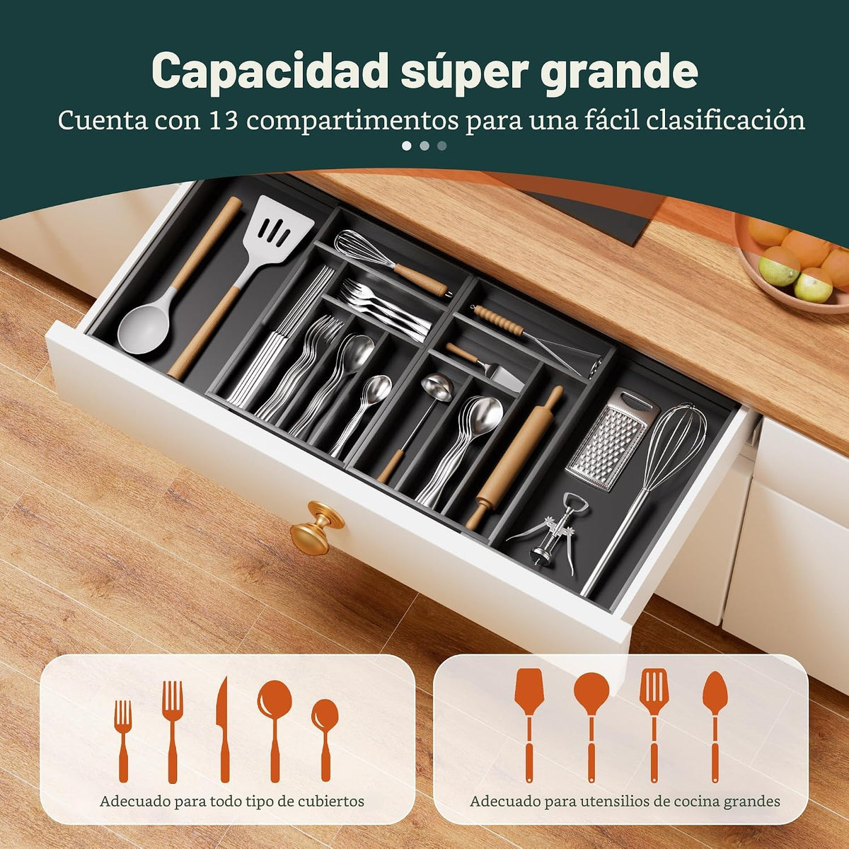Organizador de cubiertos grande, magnético, expandible, con 13 ranu...