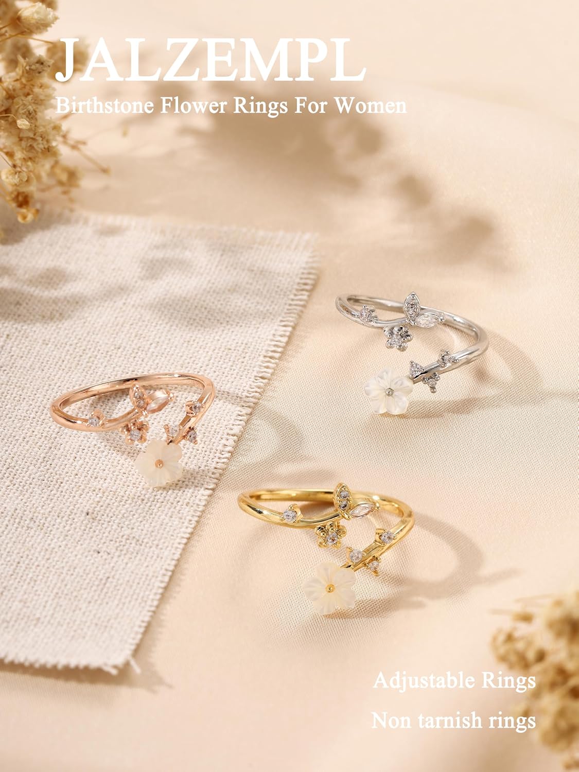 JALZEMPL Anillos de piedra natal con flores para mujeres, gema no m...