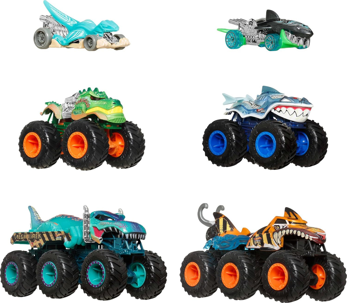 Hot Wheels Autos de juguete y camiones monstruo, Tiburones vs. Dino...