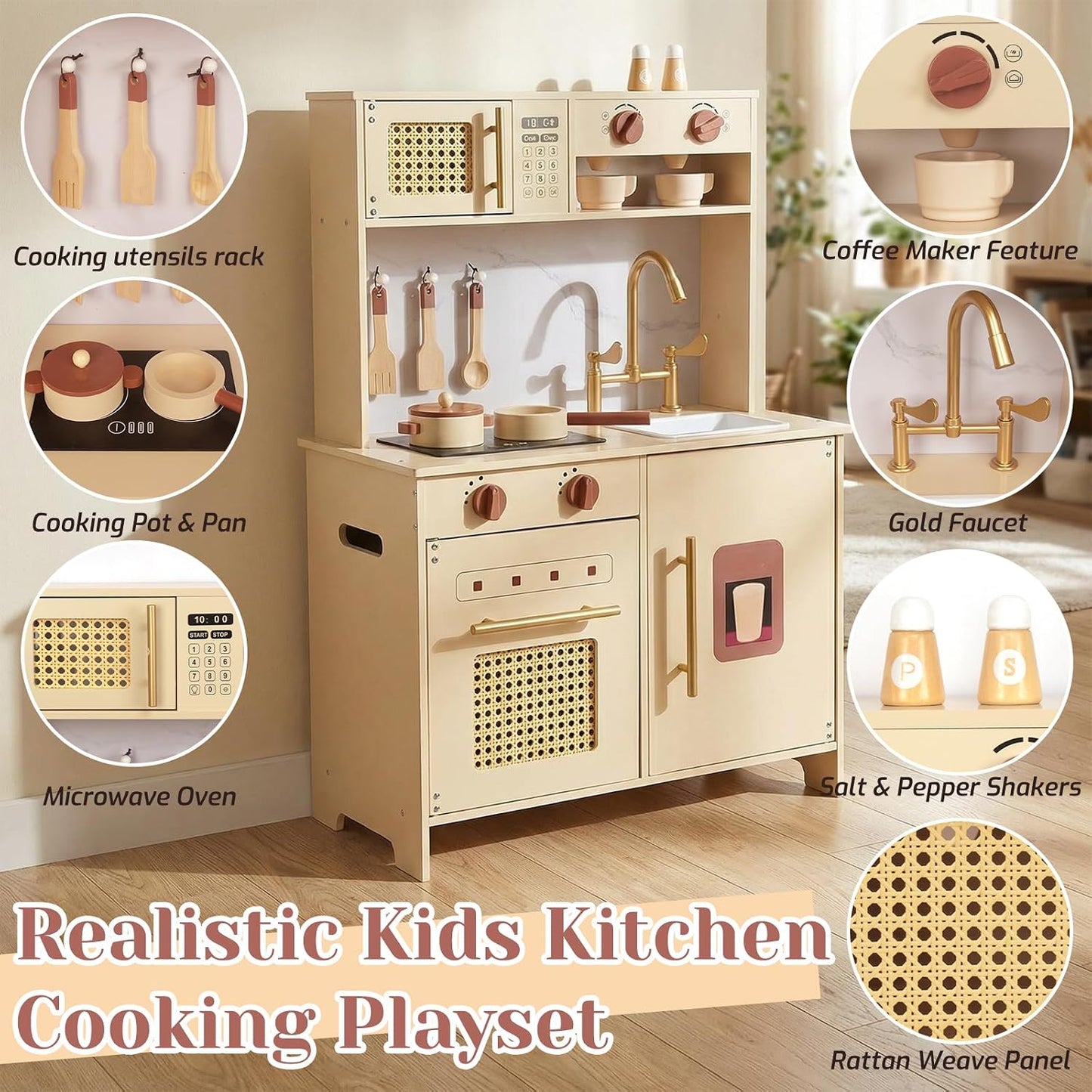 WoodenEdu Juego de cocina de madera para niños de 3 años, juego de...