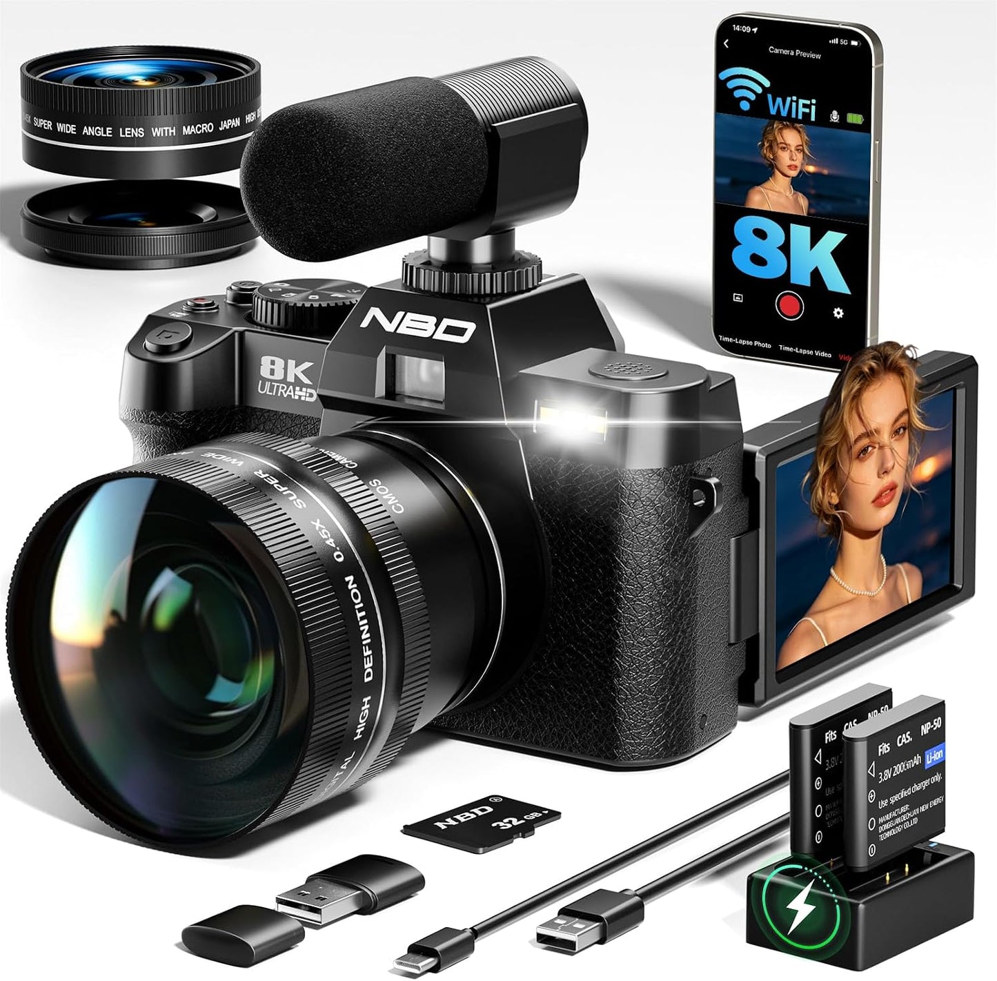 Cámara digital True 8K 64MP para fotografía con micrófono (negro) |...