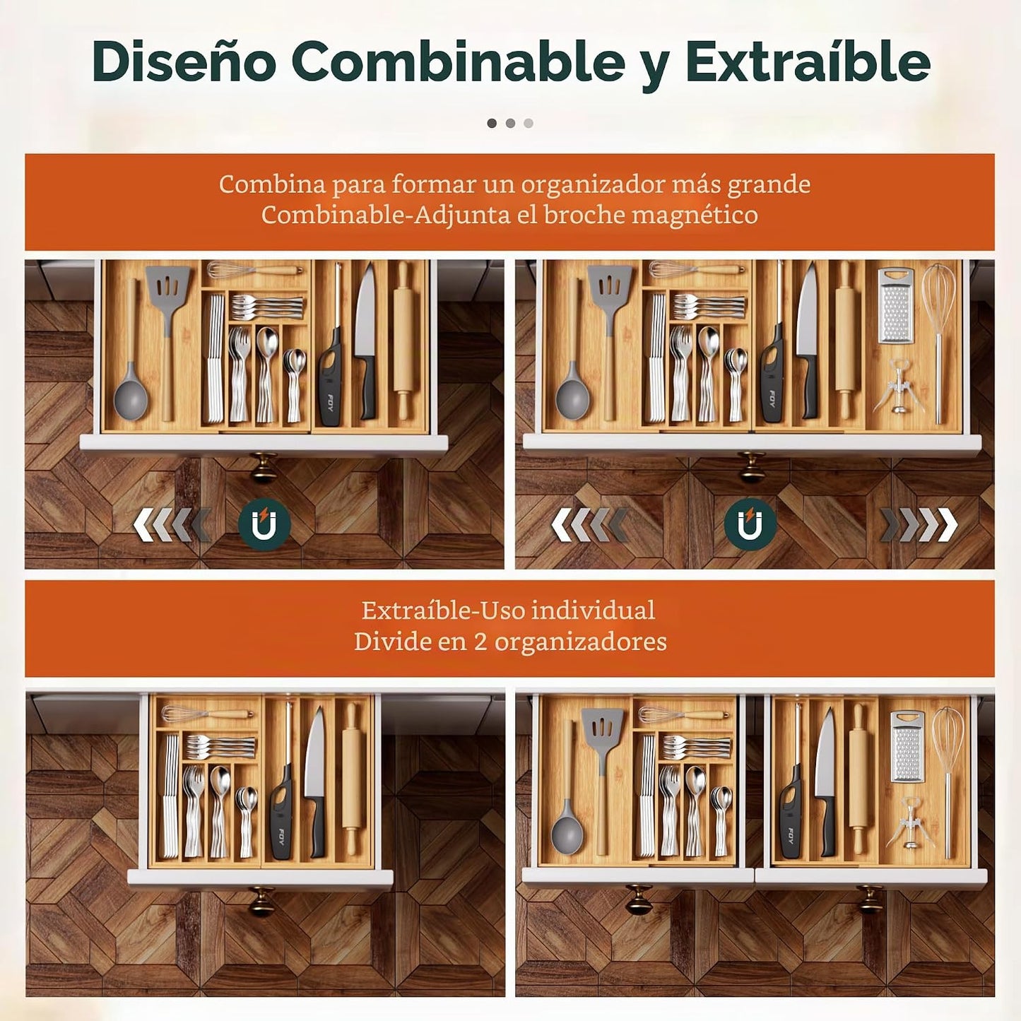 Organizador de cubiertos grande, magnético conectado expandible de...