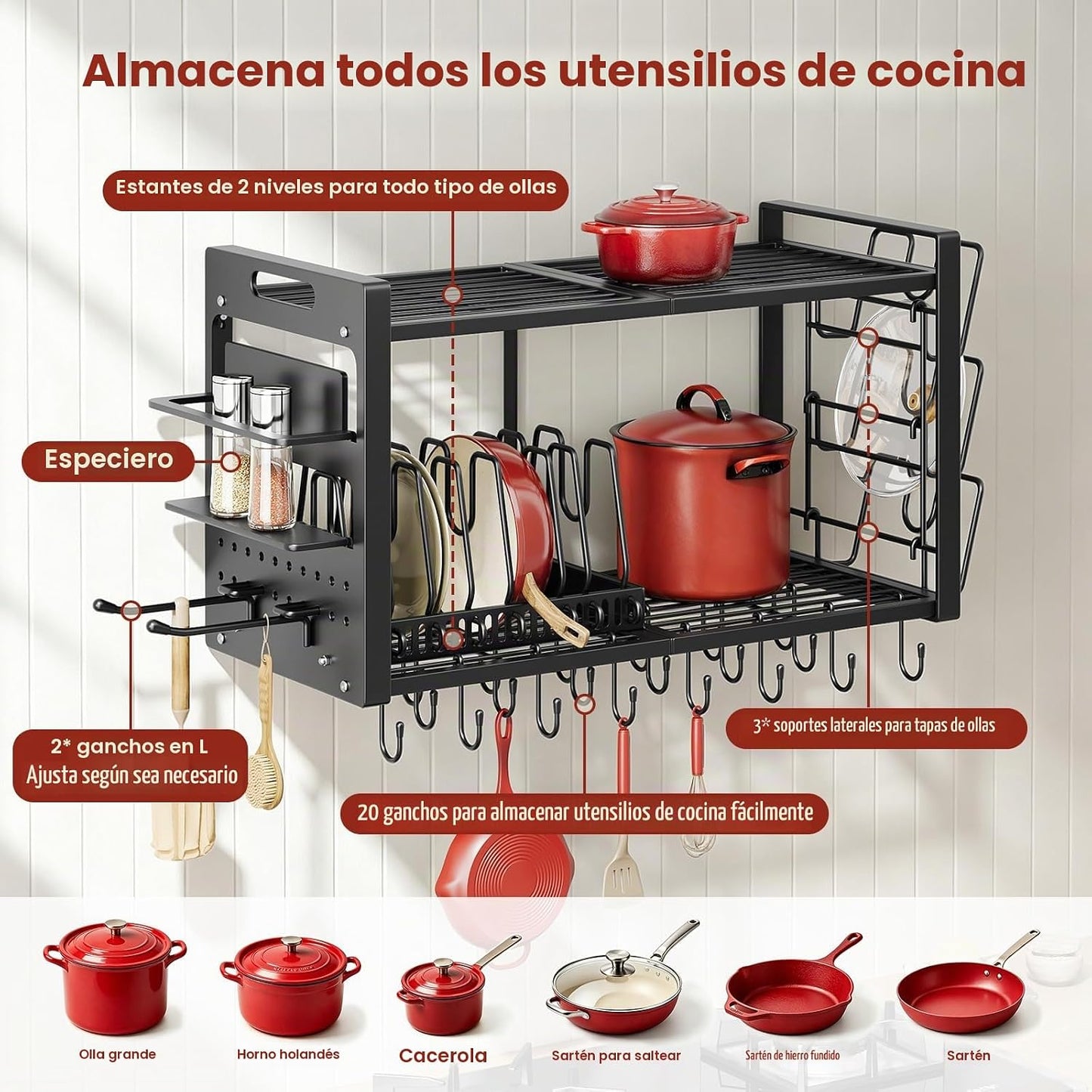 Planimar Soporte de pared para ollas, organizador de sartén de meta...