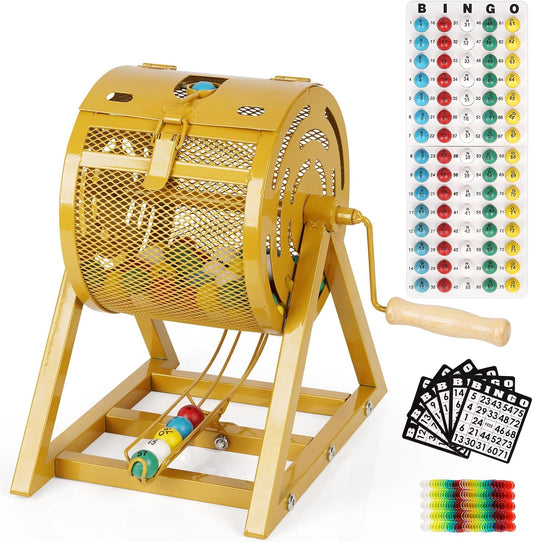 Flenpptly Juego de bingo con jaula, tablero, 50 tarjetas, 75 bolas,...