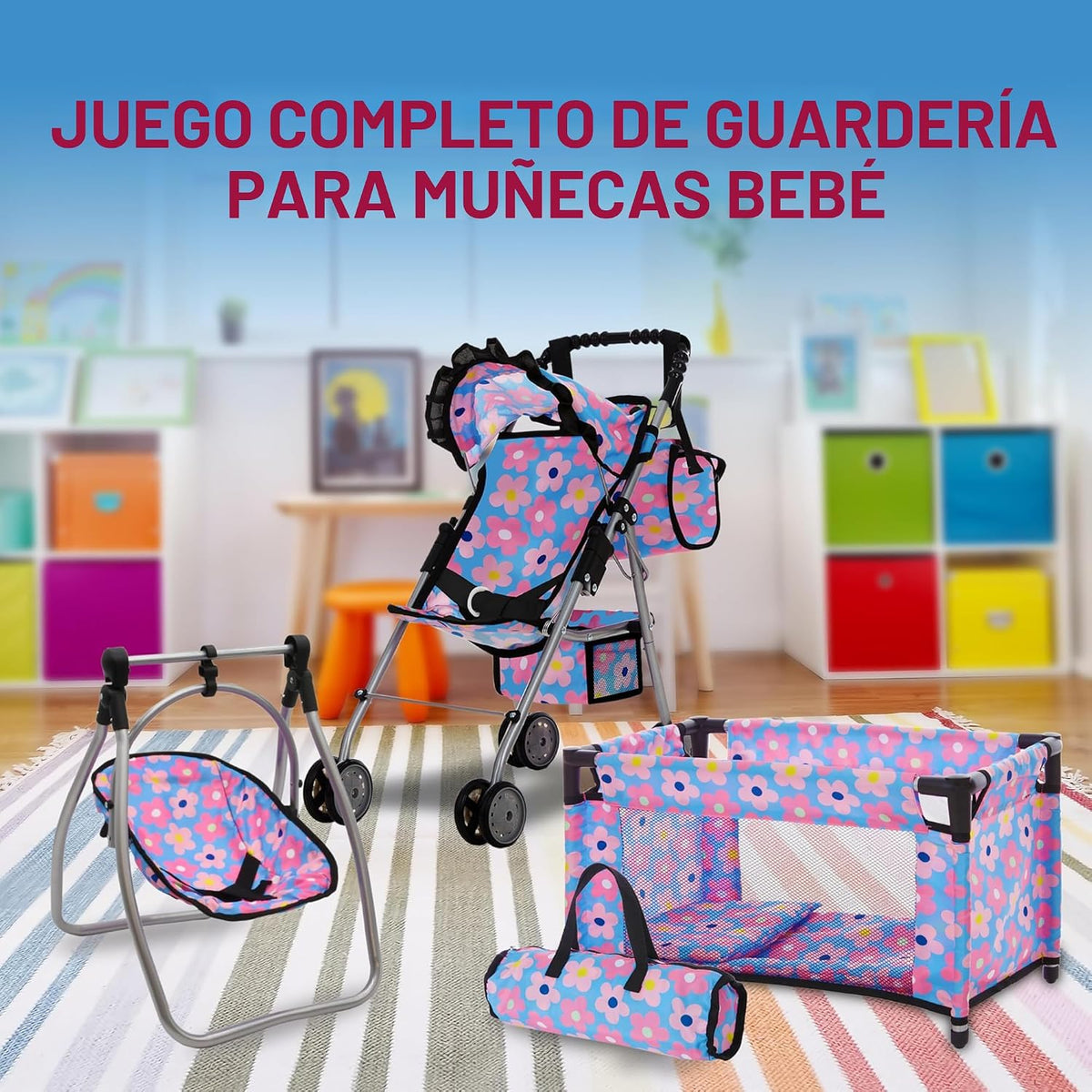 Juego de cochecito para muñeca bebé y columpio, juego de guardería,...