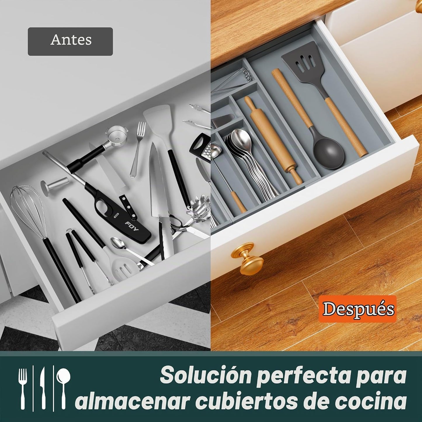 Organizador de cubiertos grande, magnéticamente conectado expandibl...