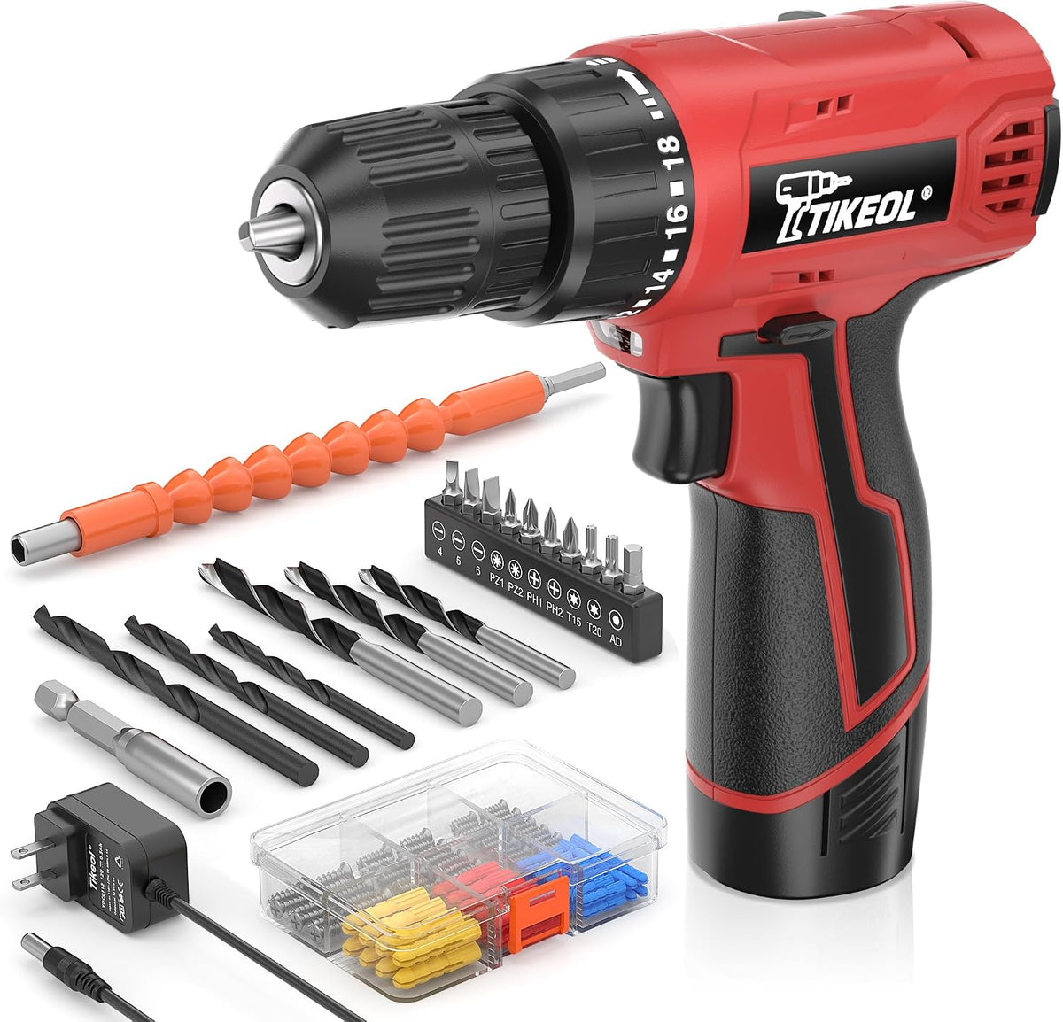 TIKEOL Juego de taladro inalámbrico de 12 V con batería y cargador,...