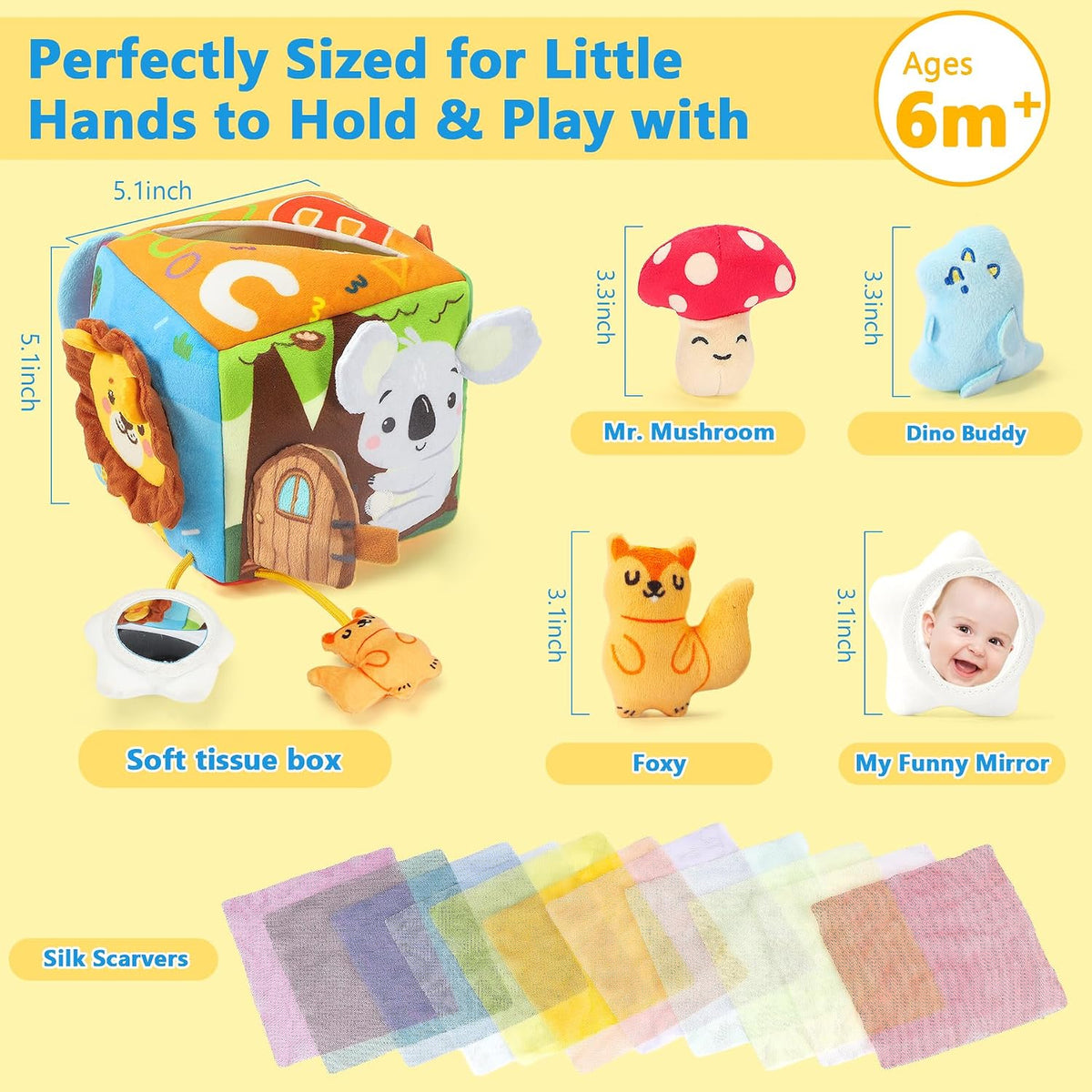 Caja de pañuelos para bebé, juguetes Montessori para niños de 6 mes...