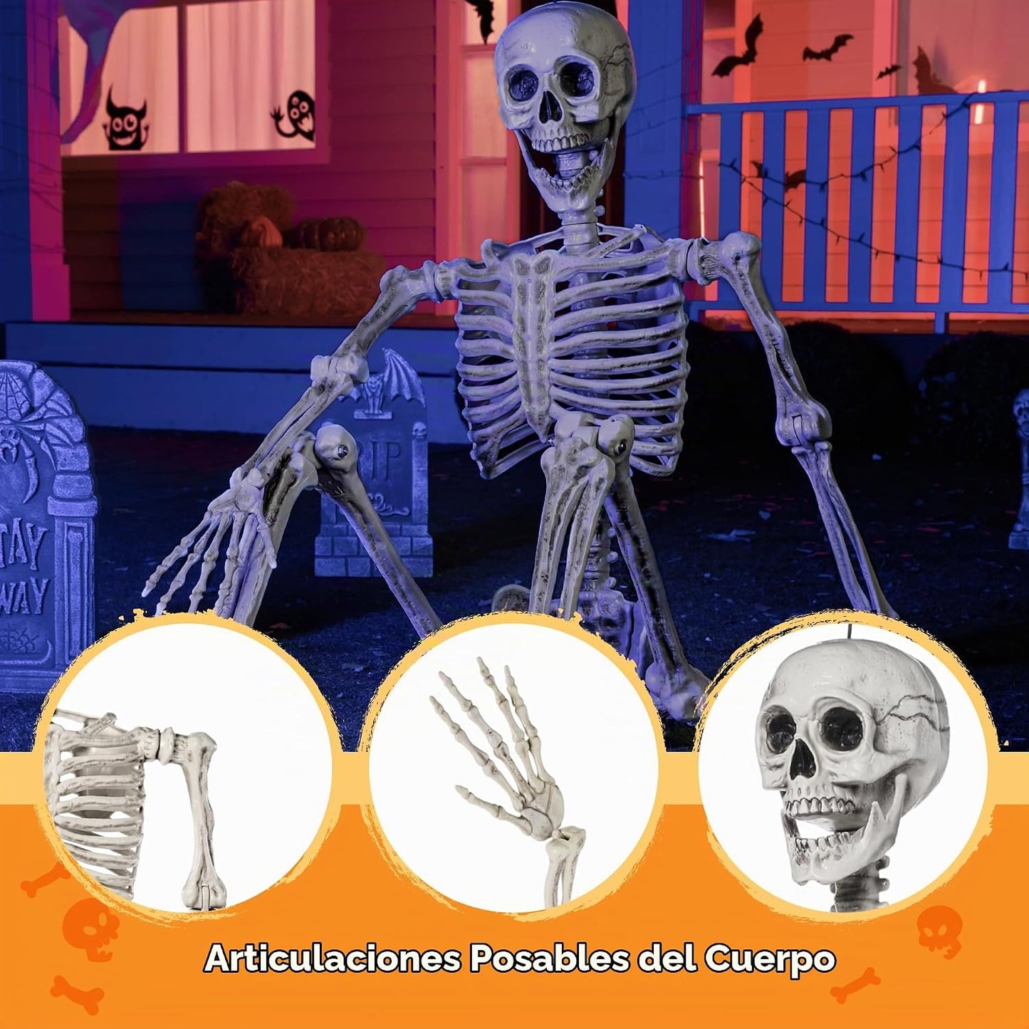 JOYIN - Esqueleto de Halloween de 1.7 m articulable, tamaño real, c...