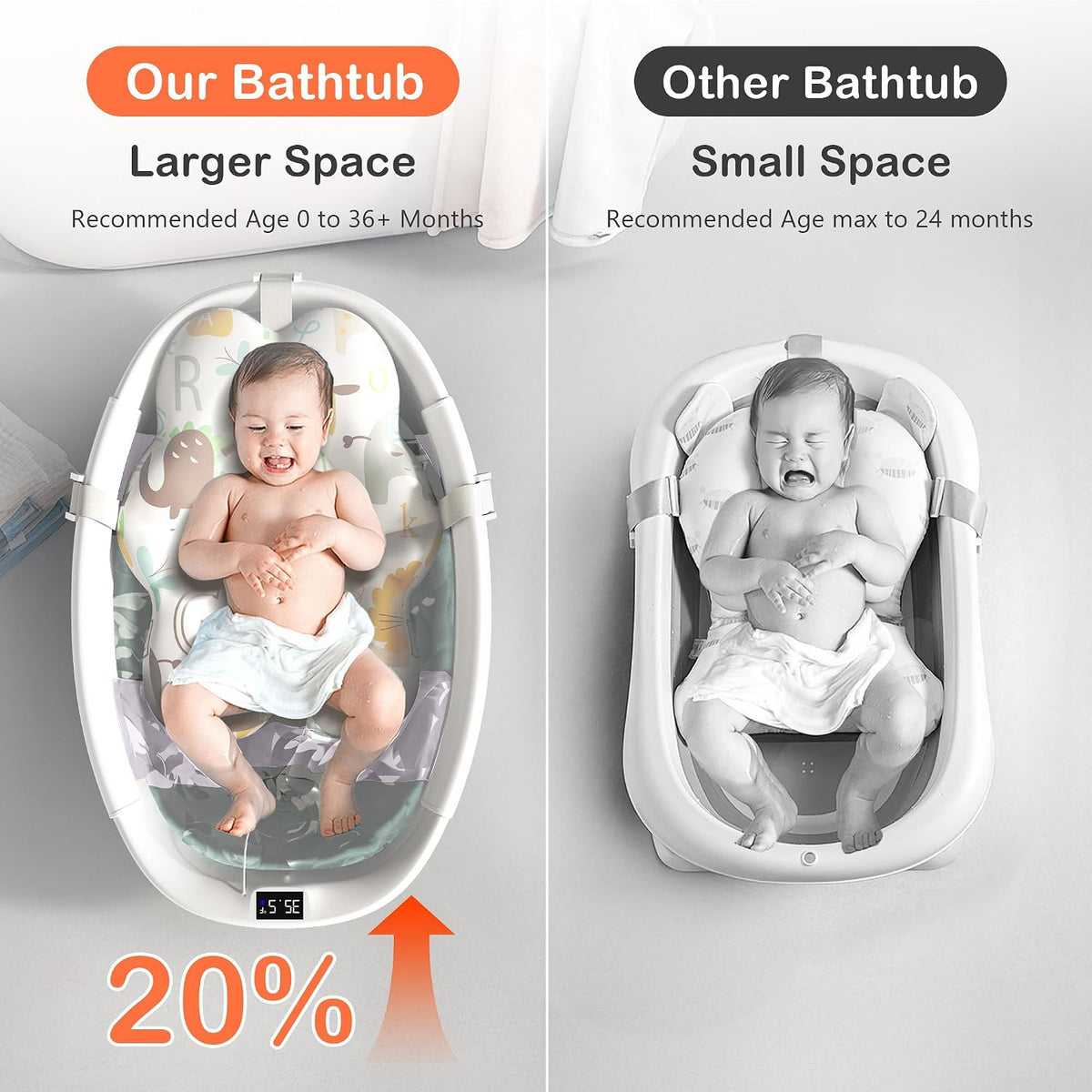 Bañera plegable para bebé, bañera grande para bebé con termómetro y...