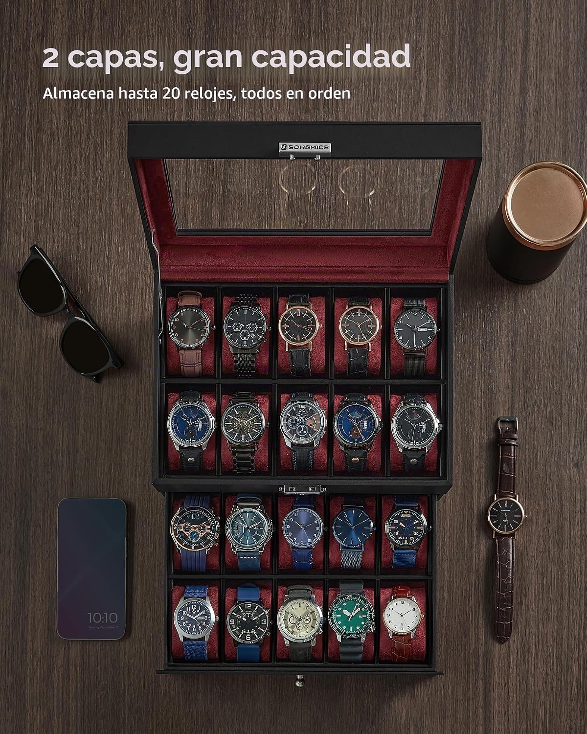 SONGMICS - Caja de reloj con 20 ranuras, 2 capas, tapa de cristal,...