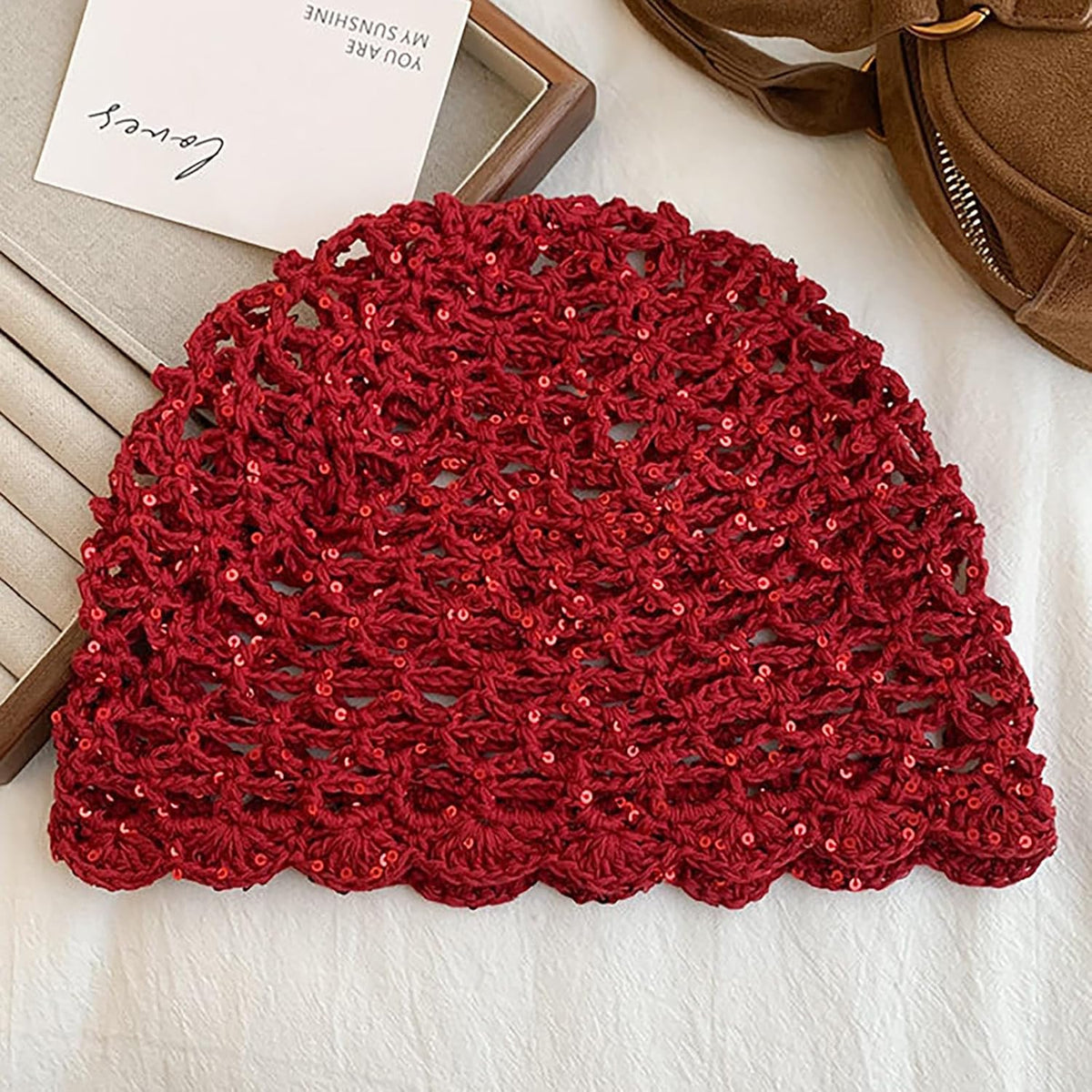 Julpsk Gorro de ganchillo hecho a mano con lentejuelas brillantes d...