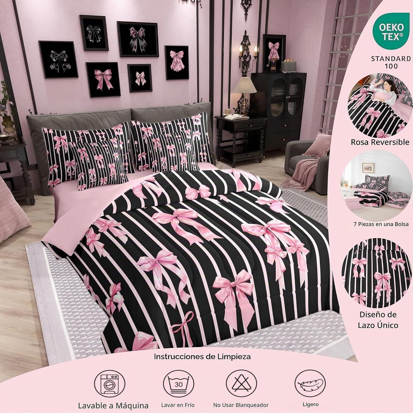 Erosebridal Juego de edredón de 7 piezas con lazos de cinta rosa y...