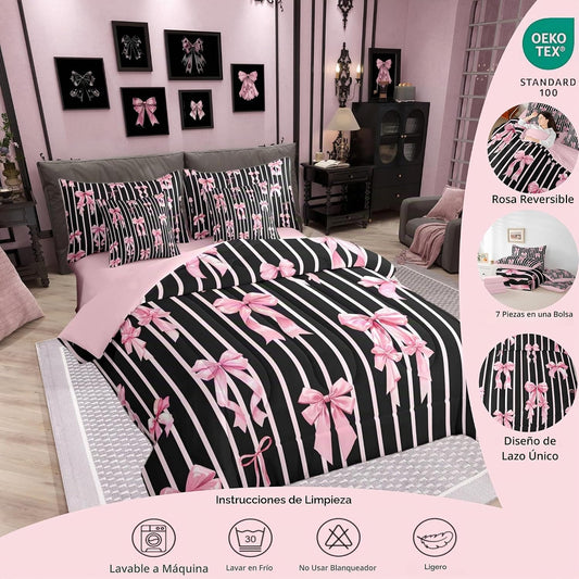 Erosebridal Juego de edredón de 7 piezas con lazos de cinta rosa y...