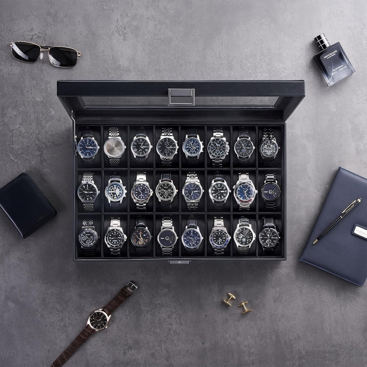 ProCase Caja de reloj para hombre, vitrina de 24 ranuras con tapa d...
