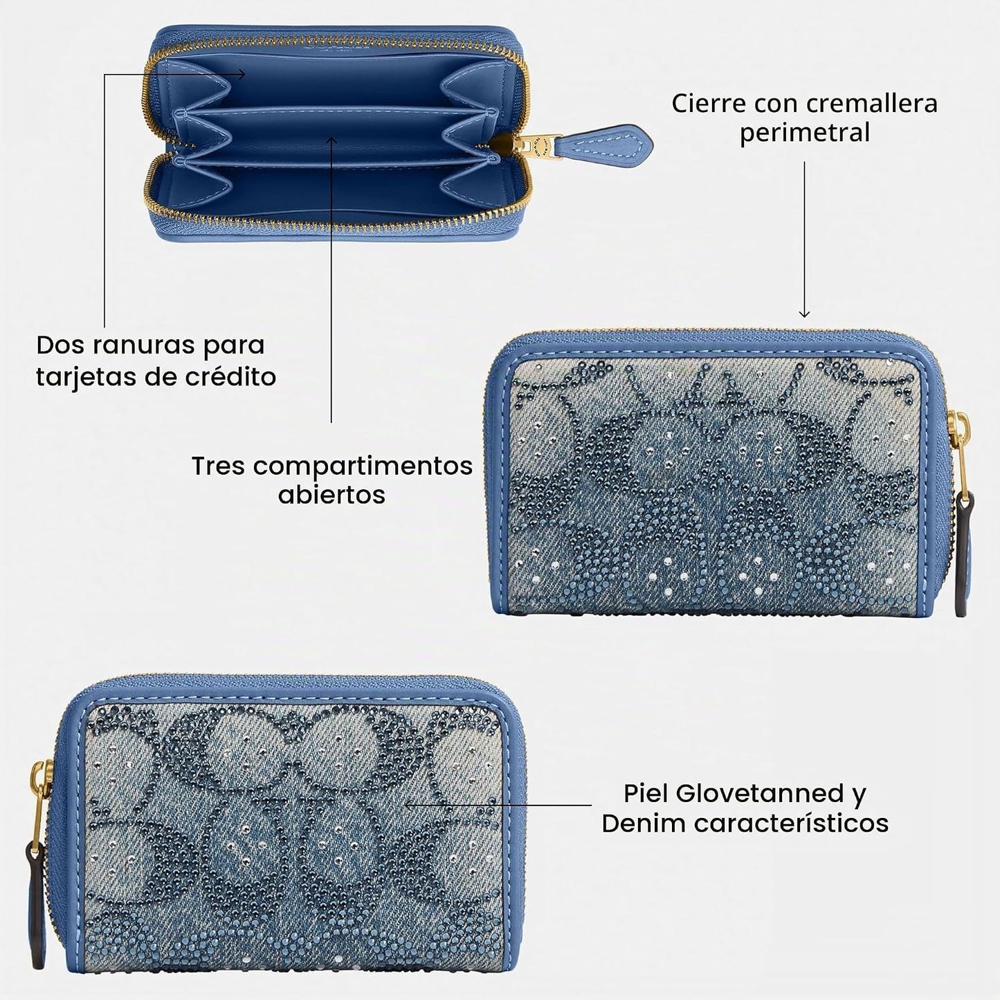 Coach Tarjetero pequeño con cremallera para mujer, Mezclilla, Talla...