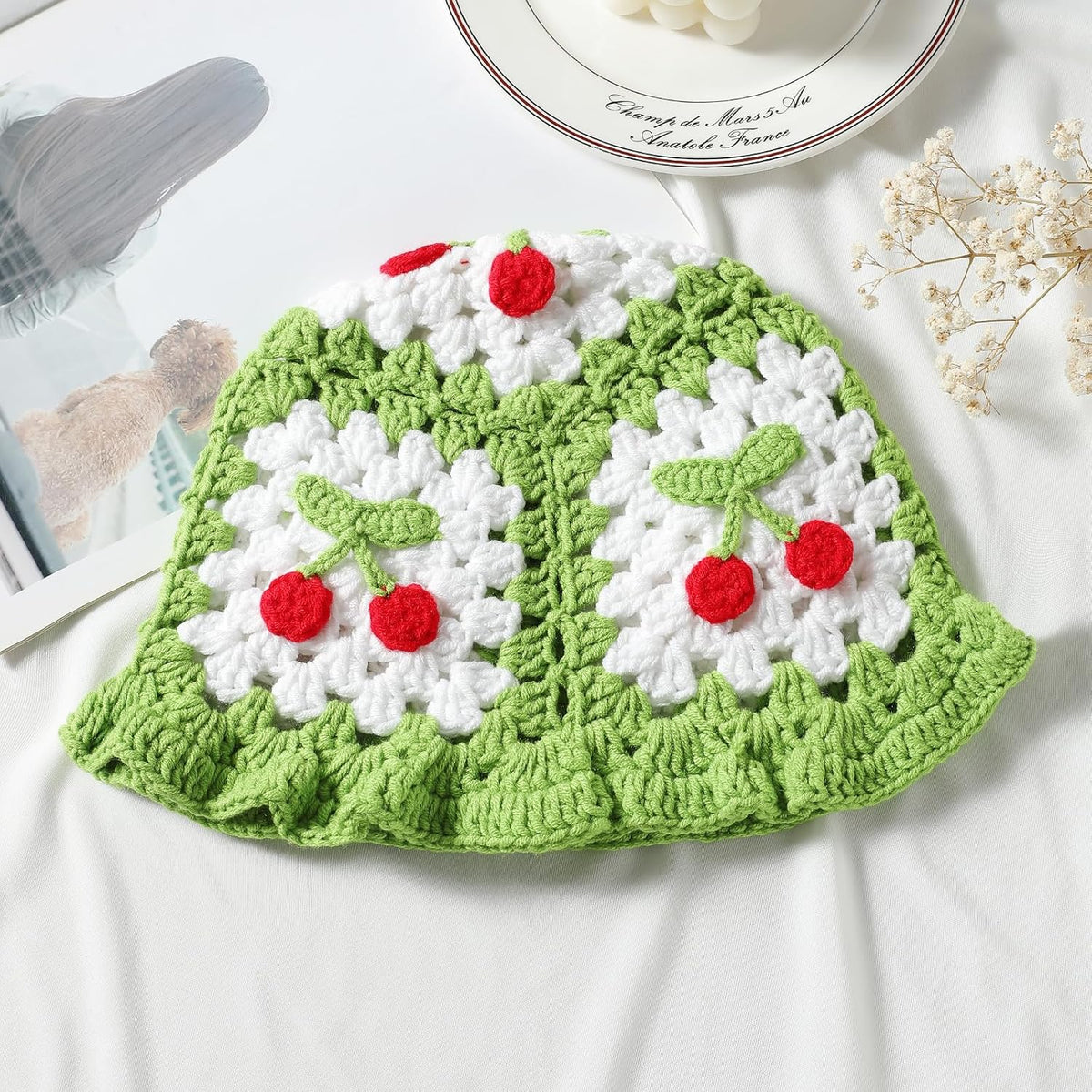 Fiewmay Sombrero de pescador de ganchillo para mujer, hecho a mano,...