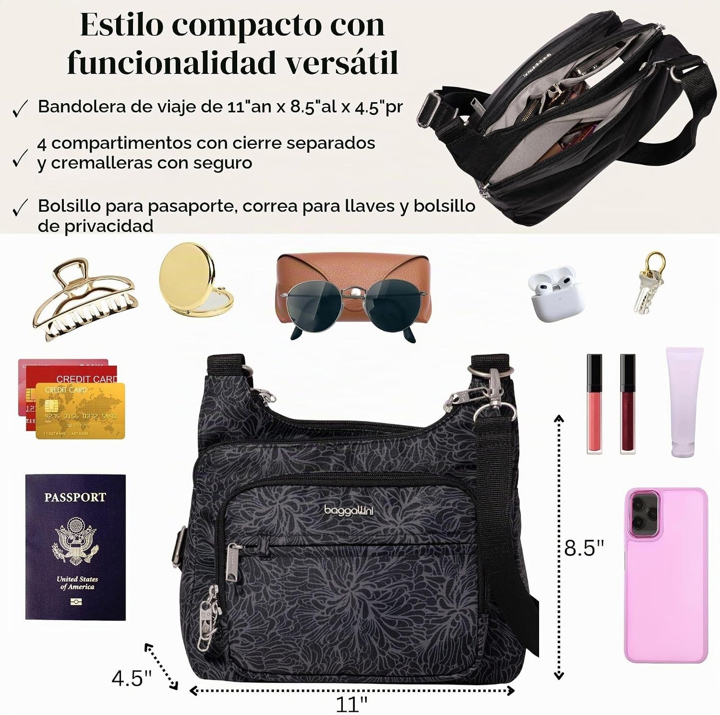 Baggallini Securtex Bandolera cruzada antirrobo 11\u201Dw X 8.5\u20...
