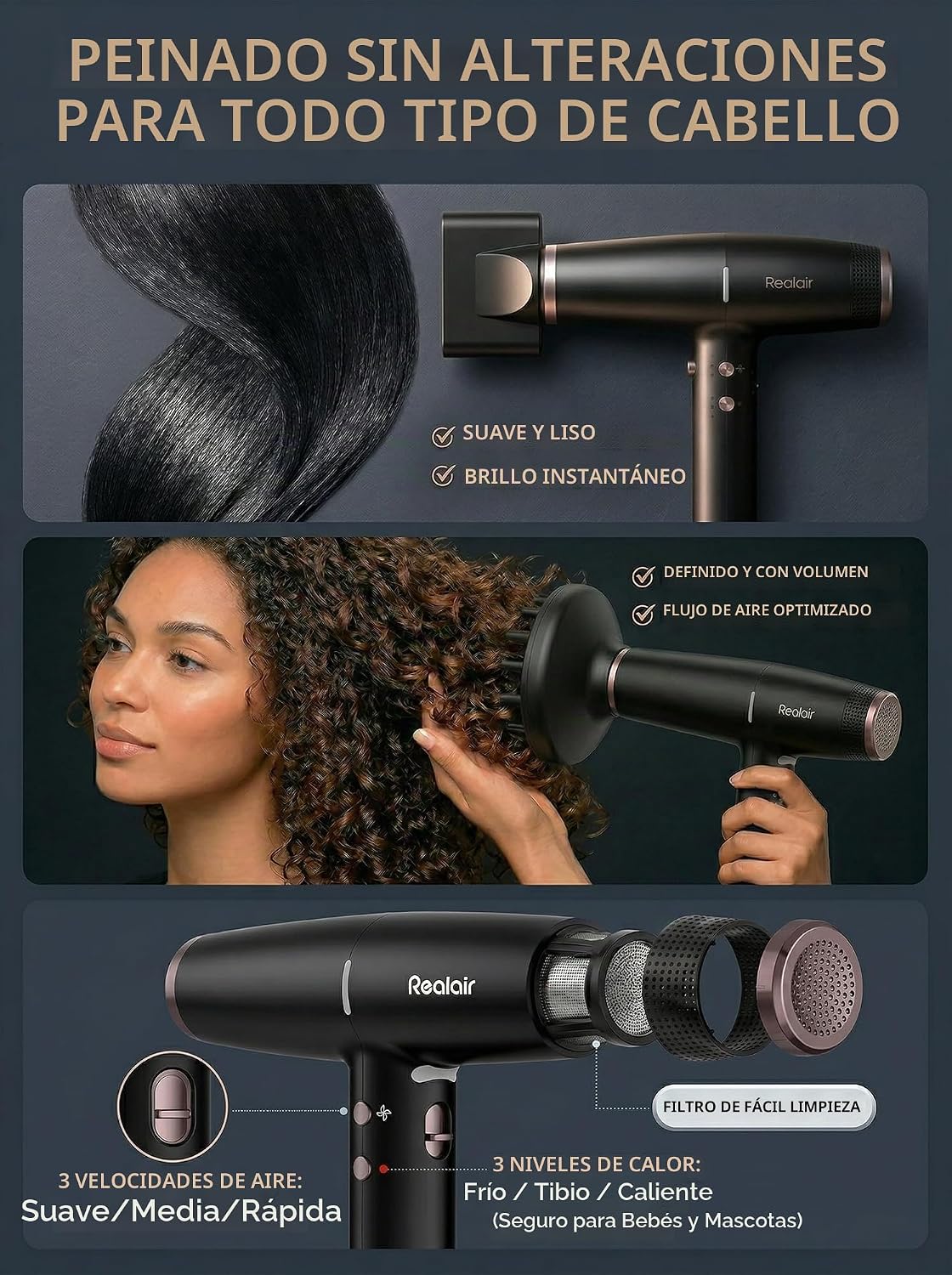 Realair Secador de pelo iónico profesional con difusor | Cuidado de...