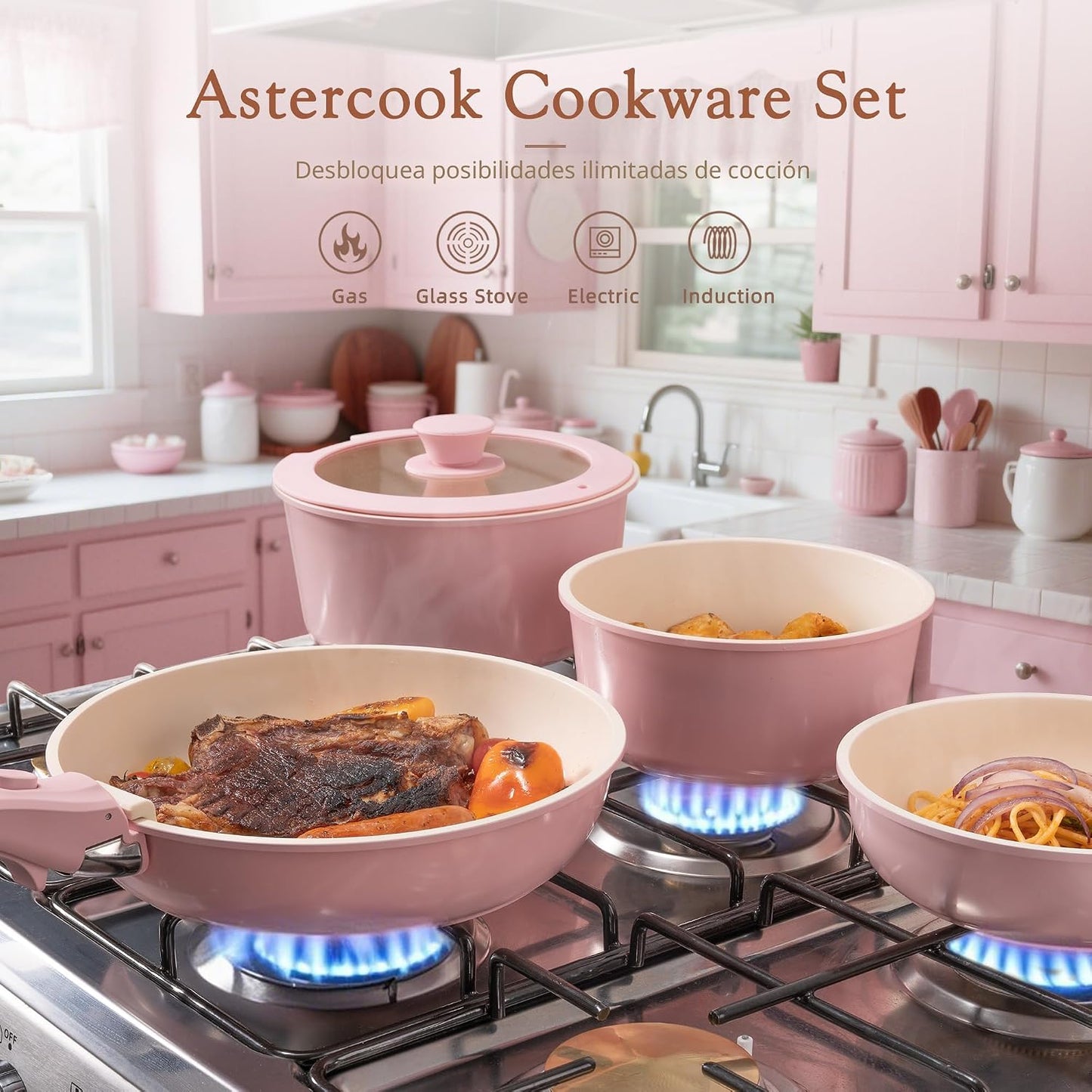 Astercook Juego de 21 ollas y sartenes antiadherentes, juego de ute...