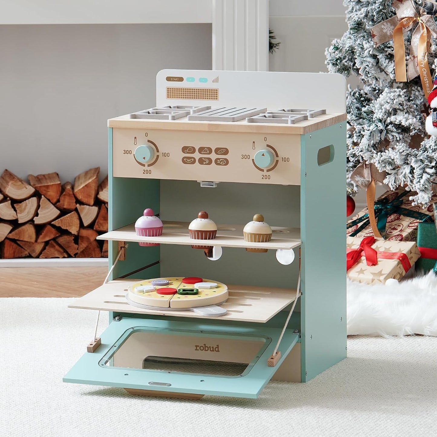 ROBUD Horno de madera para niños, juego de cocina de madera realist...