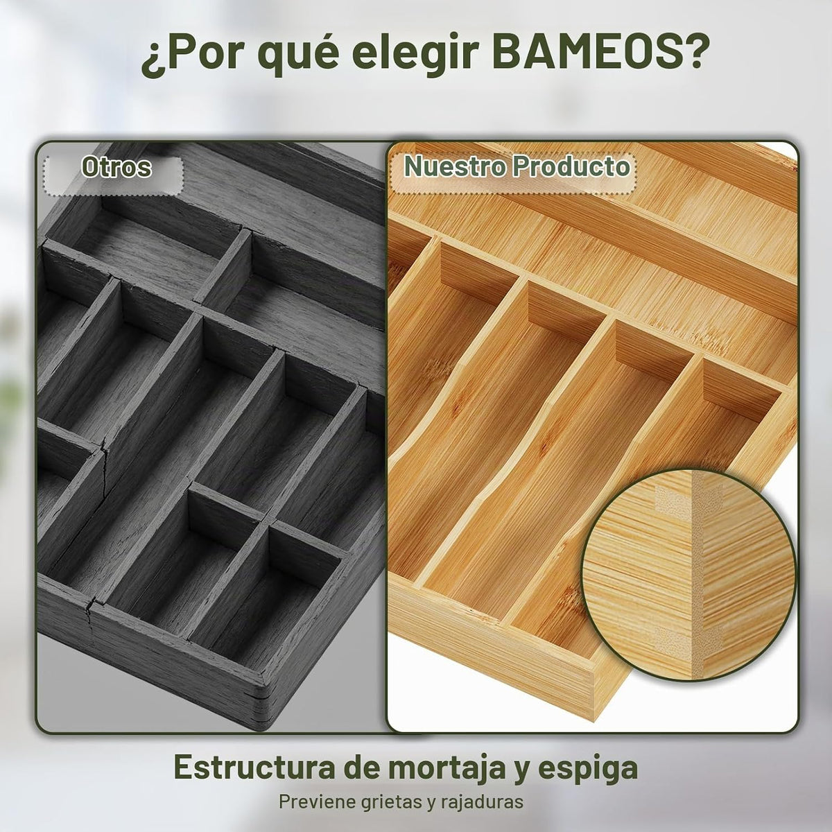 BAMEOS Organizador de cubiertos de bambú 16.5 × 12.8 \u2013 Bandeja...