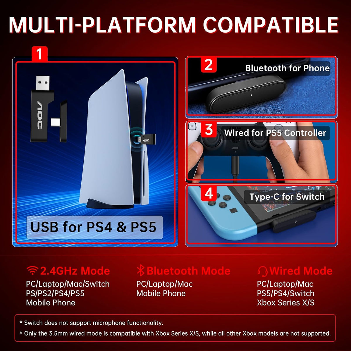 AOC Auriculares Bluetooth para juegos con micrófono para PC, PS5\/4...
