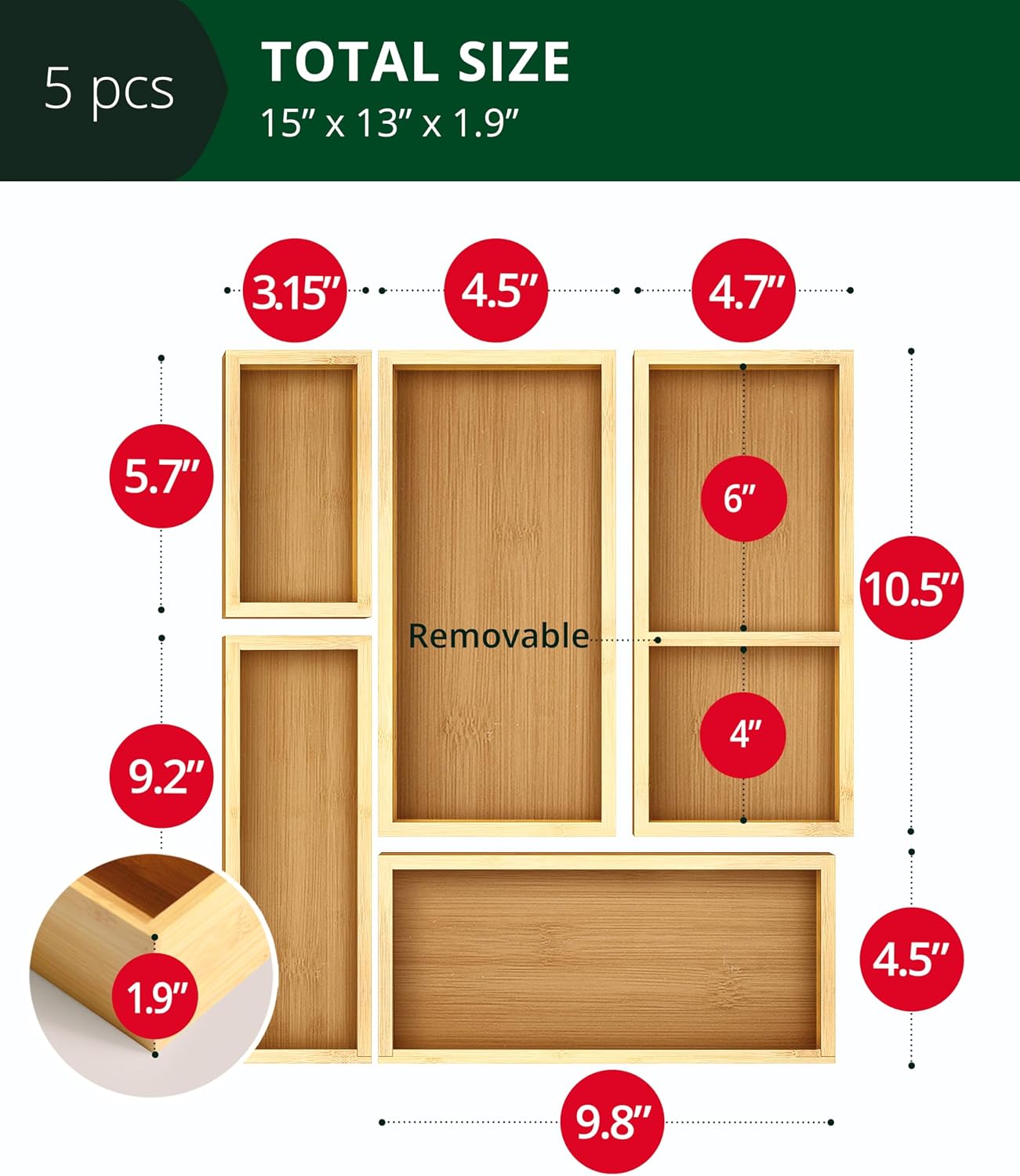 ROYAL CRAFT WOOD Juego de organizador de cajones de bambú de 5 piez...