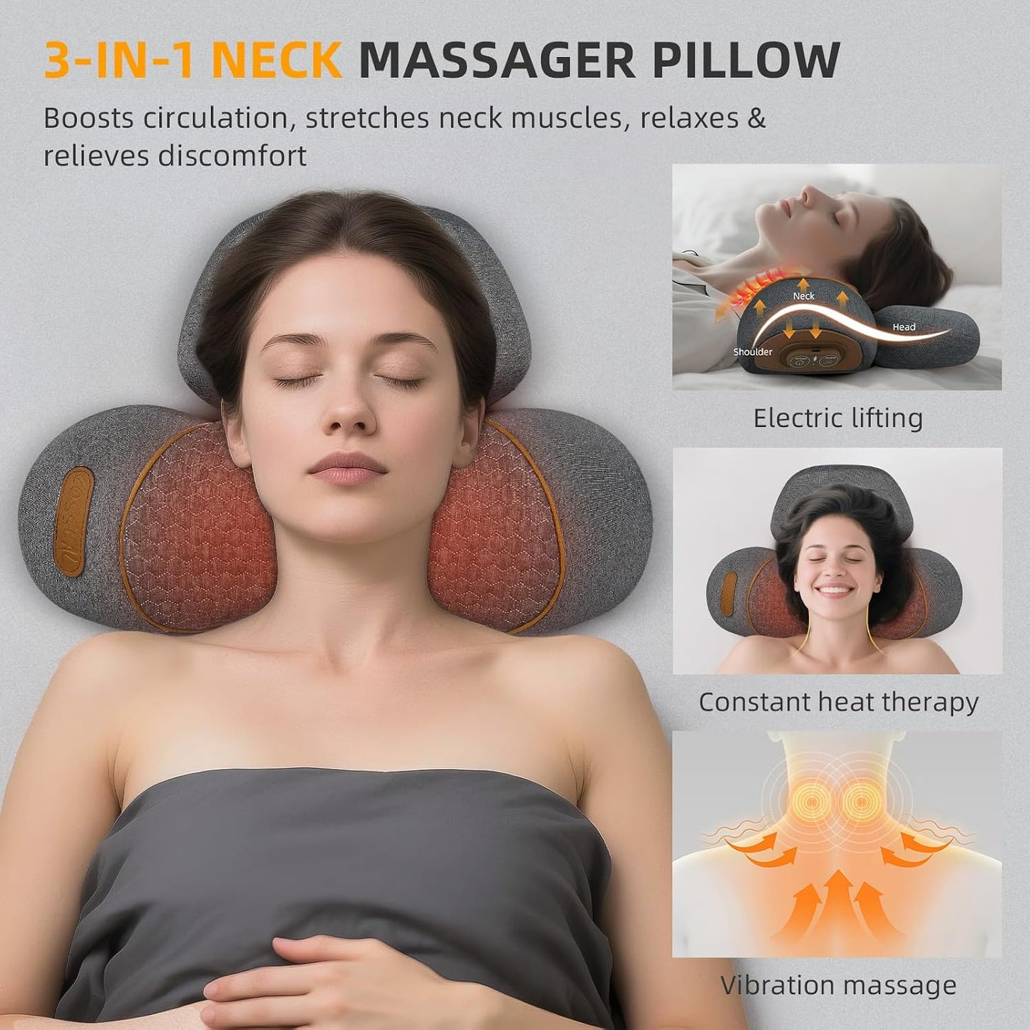 Voluart Almohada masajeadora de cuello 3 en 1 con calor y tracción,...