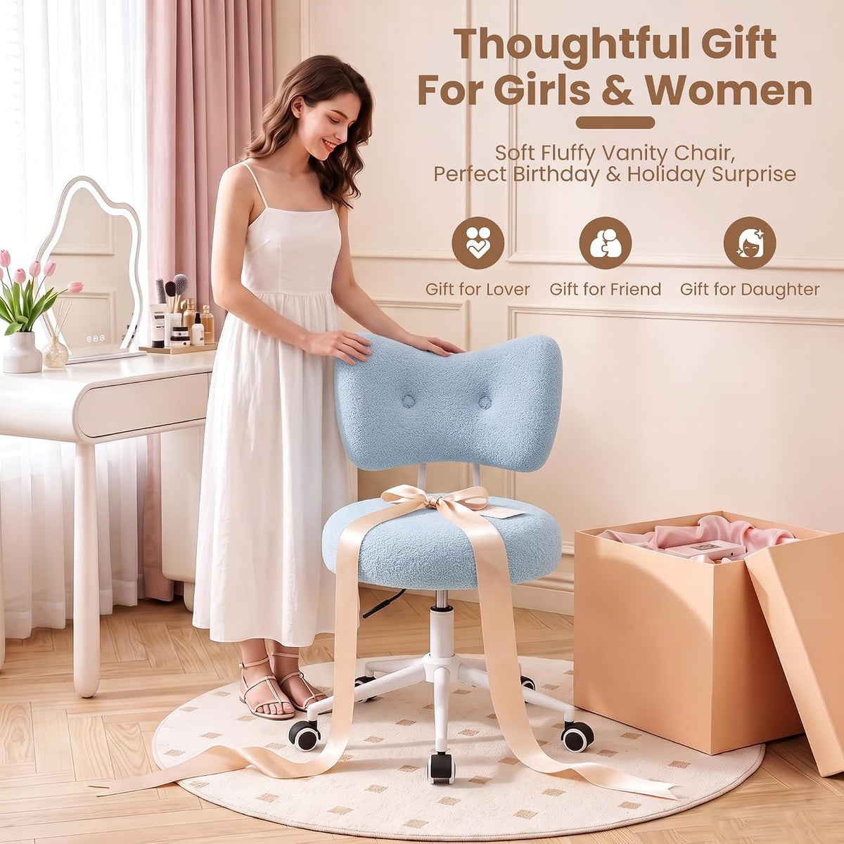 Silla de tocador pequeña con ruedas, cómoda silla de escritorio con...