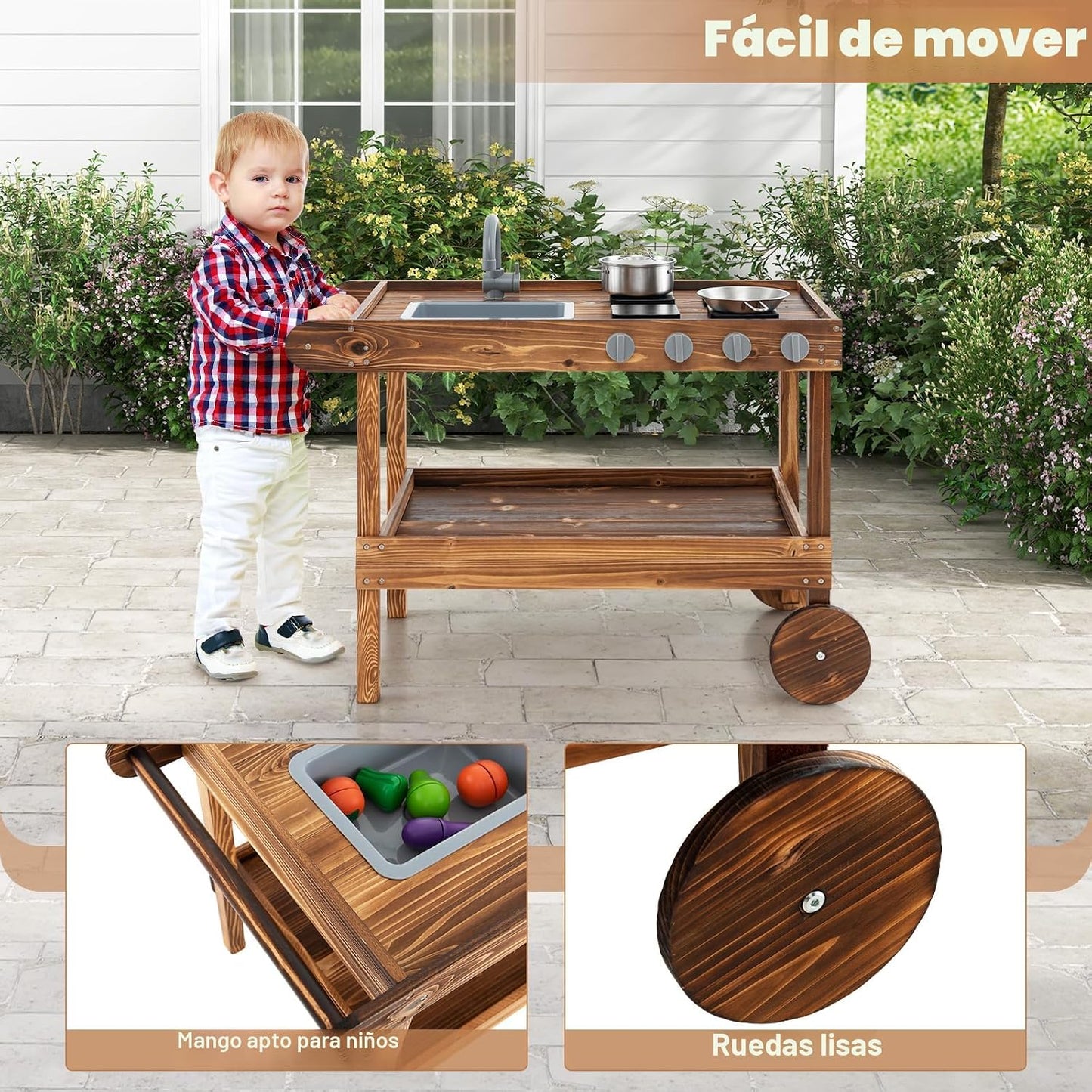 Costzon Cocina de barro, cocina de juego al aire libre con fregader...